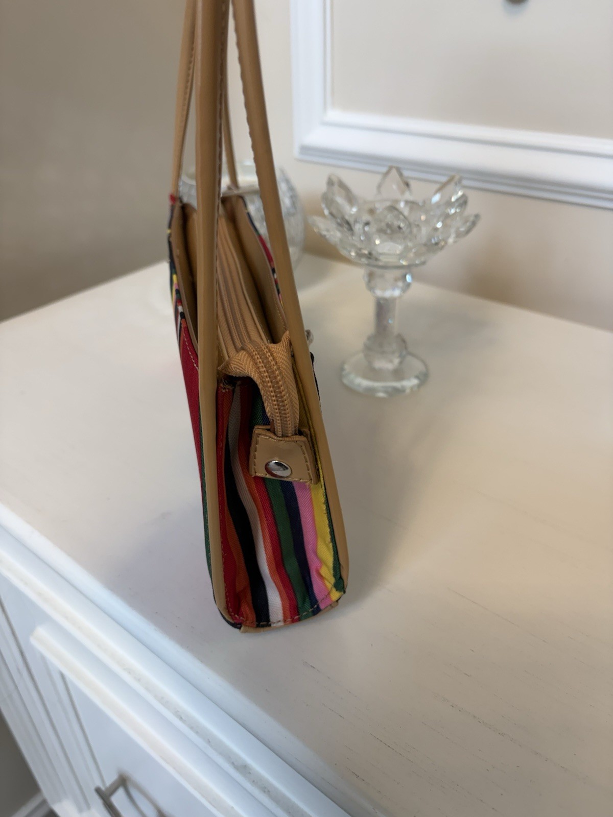 Women’s Multicolor Striped Zip Shoulder Bag Beige Strap Gold Hardware Lined