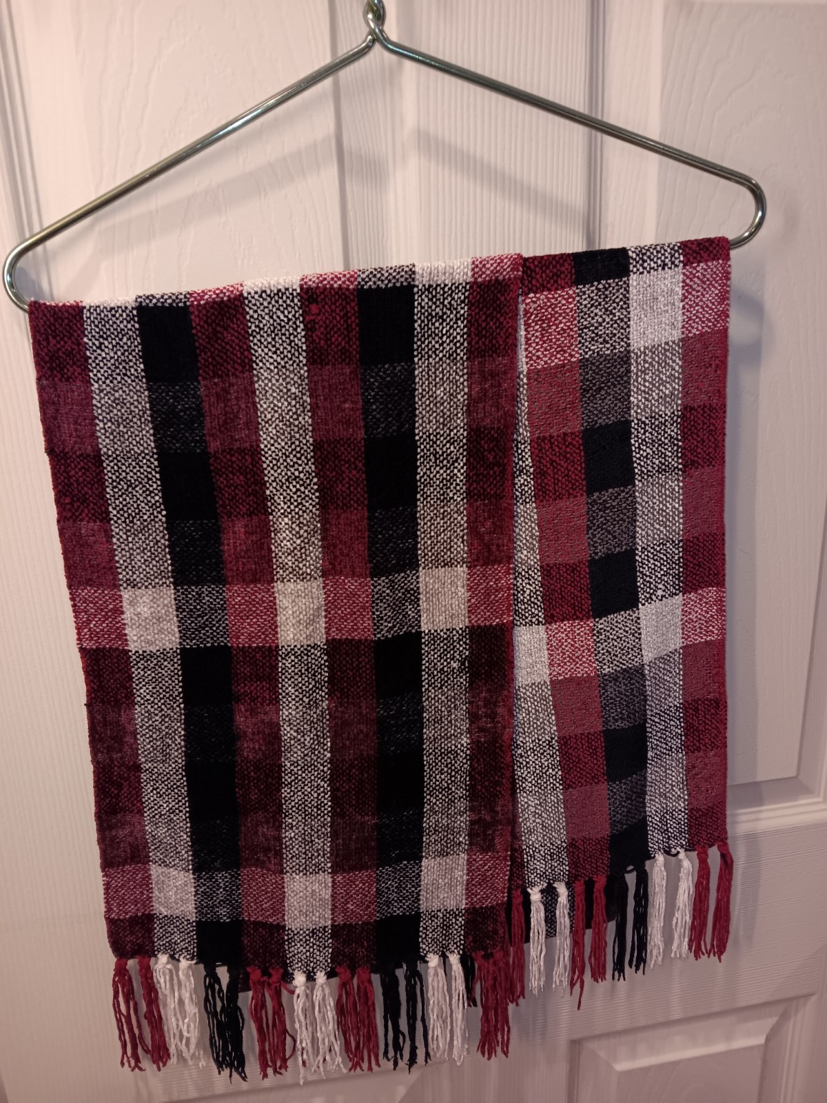 100% Rayon Gray, Red, Black, and White Checked Scarf 11 in. Wide x 76 in. Long