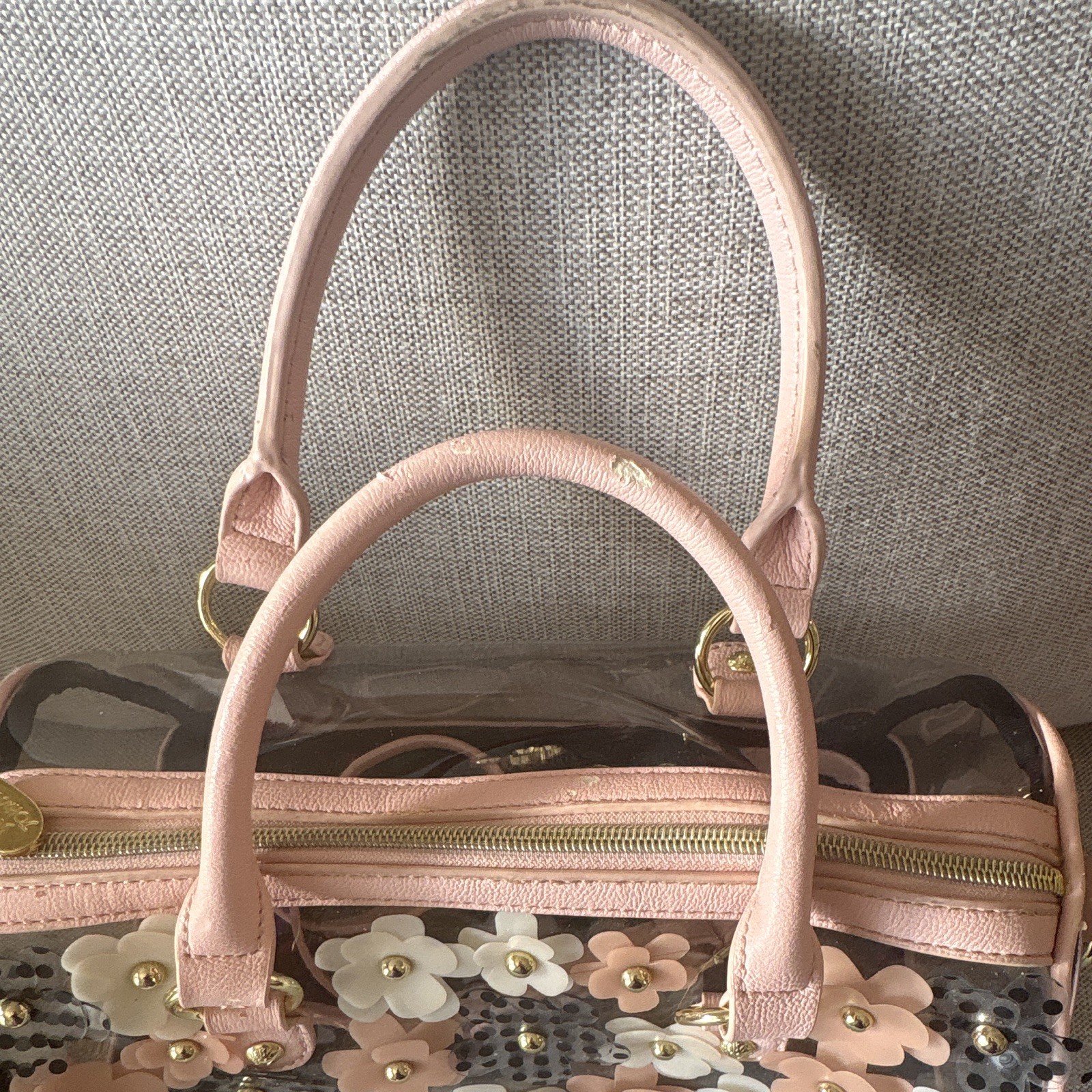 Betsey Johnson Clear Pink Floral Sequin 3D Flower Satchel Top Handle Det Strap