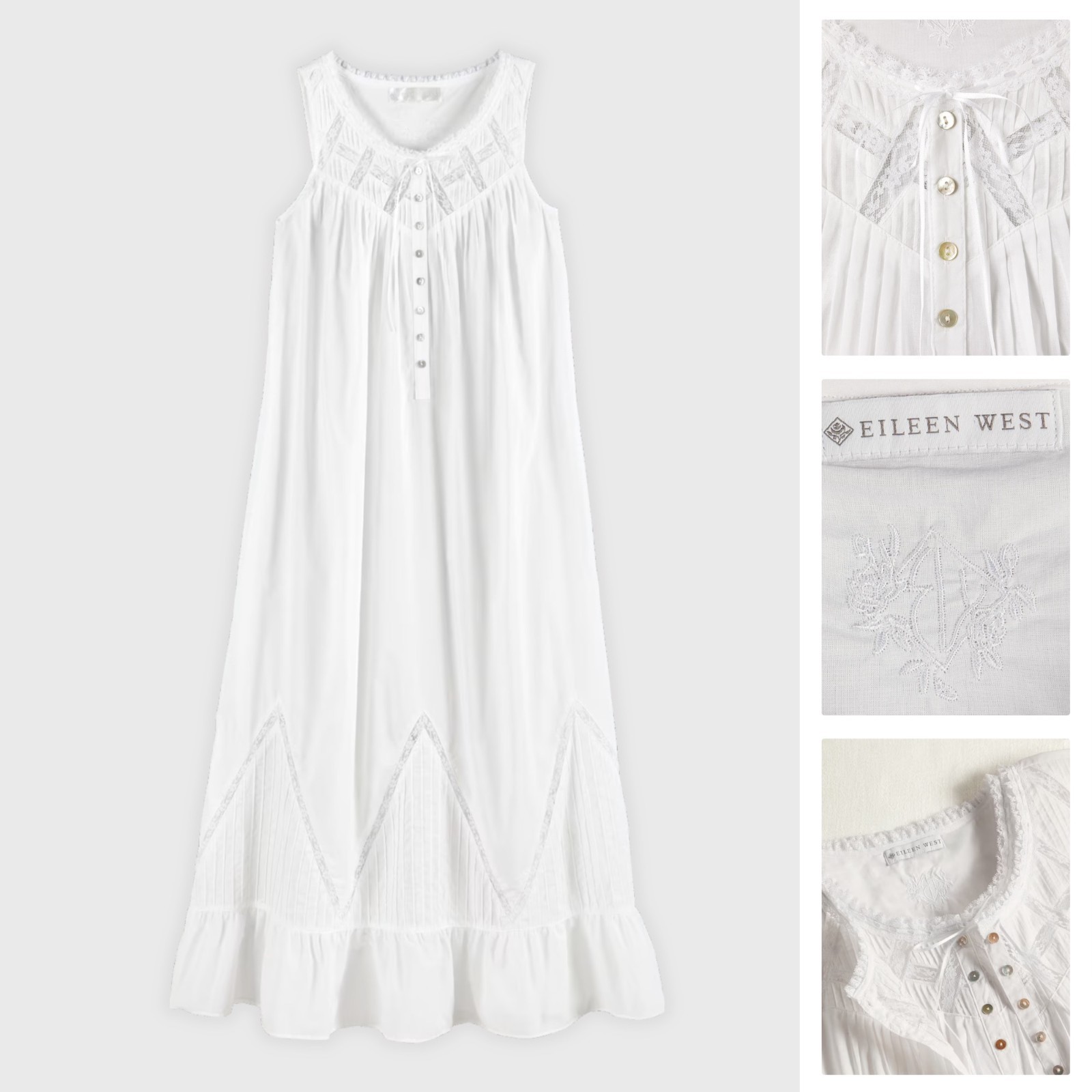 NWT Eileen West 100% Cotton Lawn Ballet Nightgown Sleeveless Regular, White