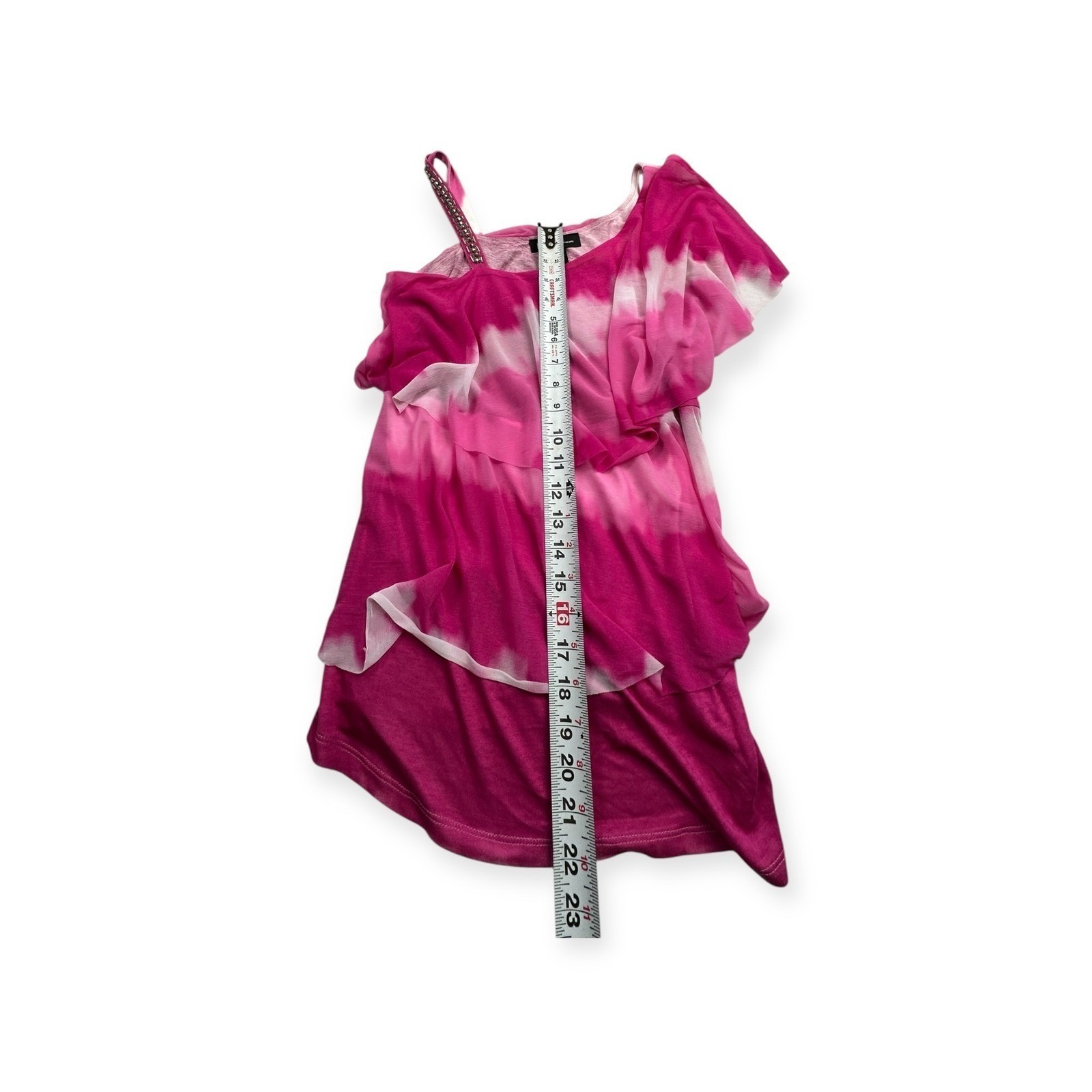 INC International Concepts Pink Tie Dye One Shoulder Ruffle Top Rhinestone Strap