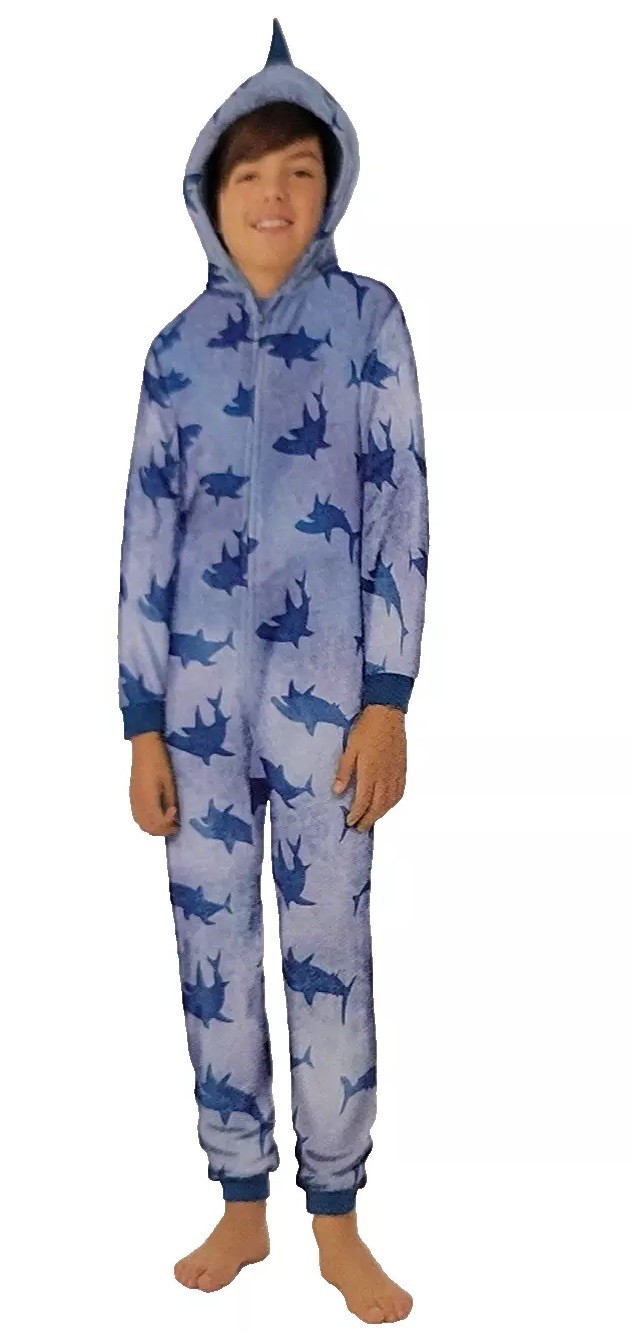 saint eve boys one piece pajamas hooded union suit XS 5/6 blue shark fleece