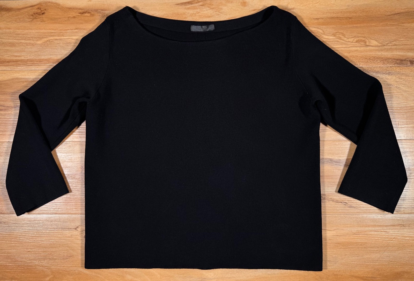 The Row Black Thick Jersey Knit Bateau Wide Slit Neck Boxy Sweater Top S USA