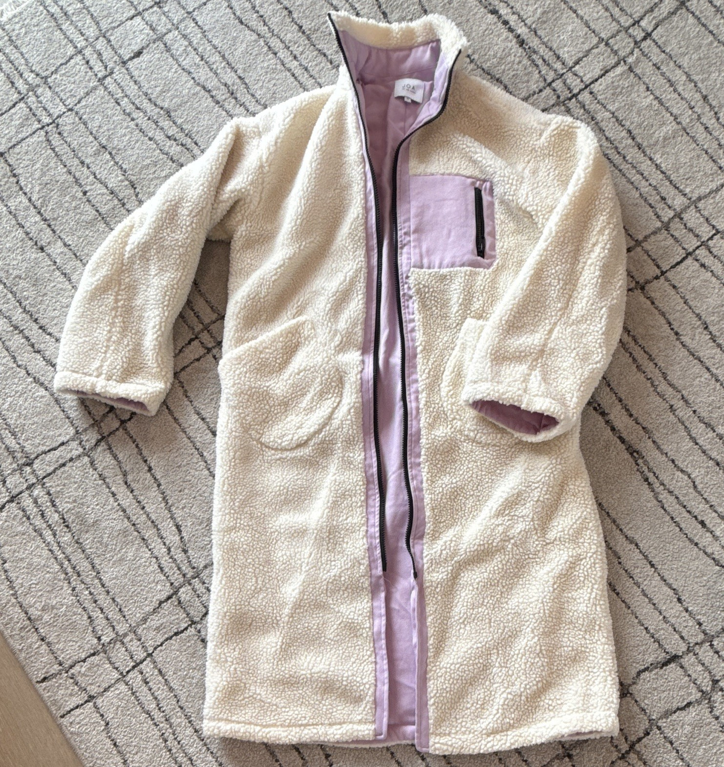 J.O.A. Women’s Ivory Long Sherpa Jacket Purple Trim Full Zip Pockets XS