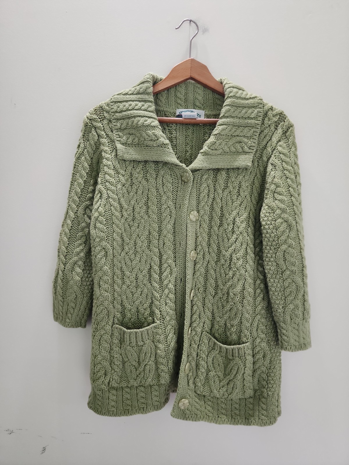 Irish Aran Crafts Women Ireland Size Small 100% Merino Wool Cardigan Green