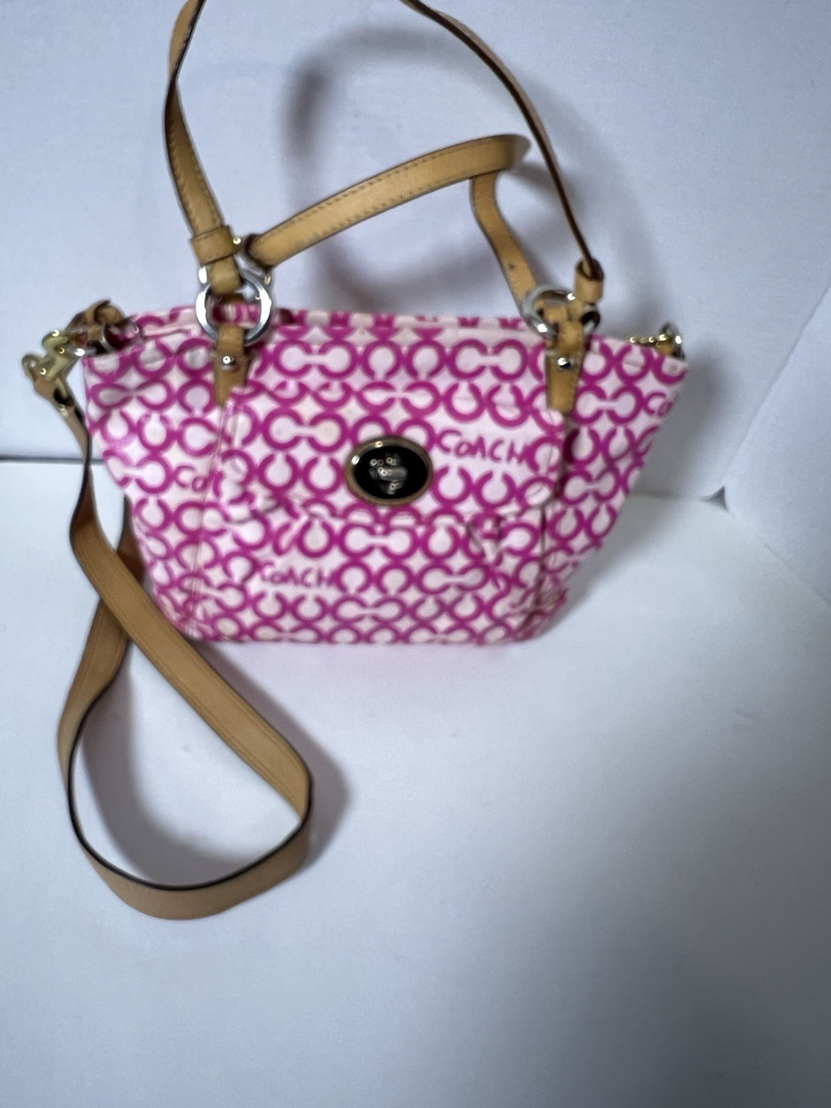 Coach Leah Pink Op Art Tote Bag Coated Canvas Shoulder Strap-Authentic