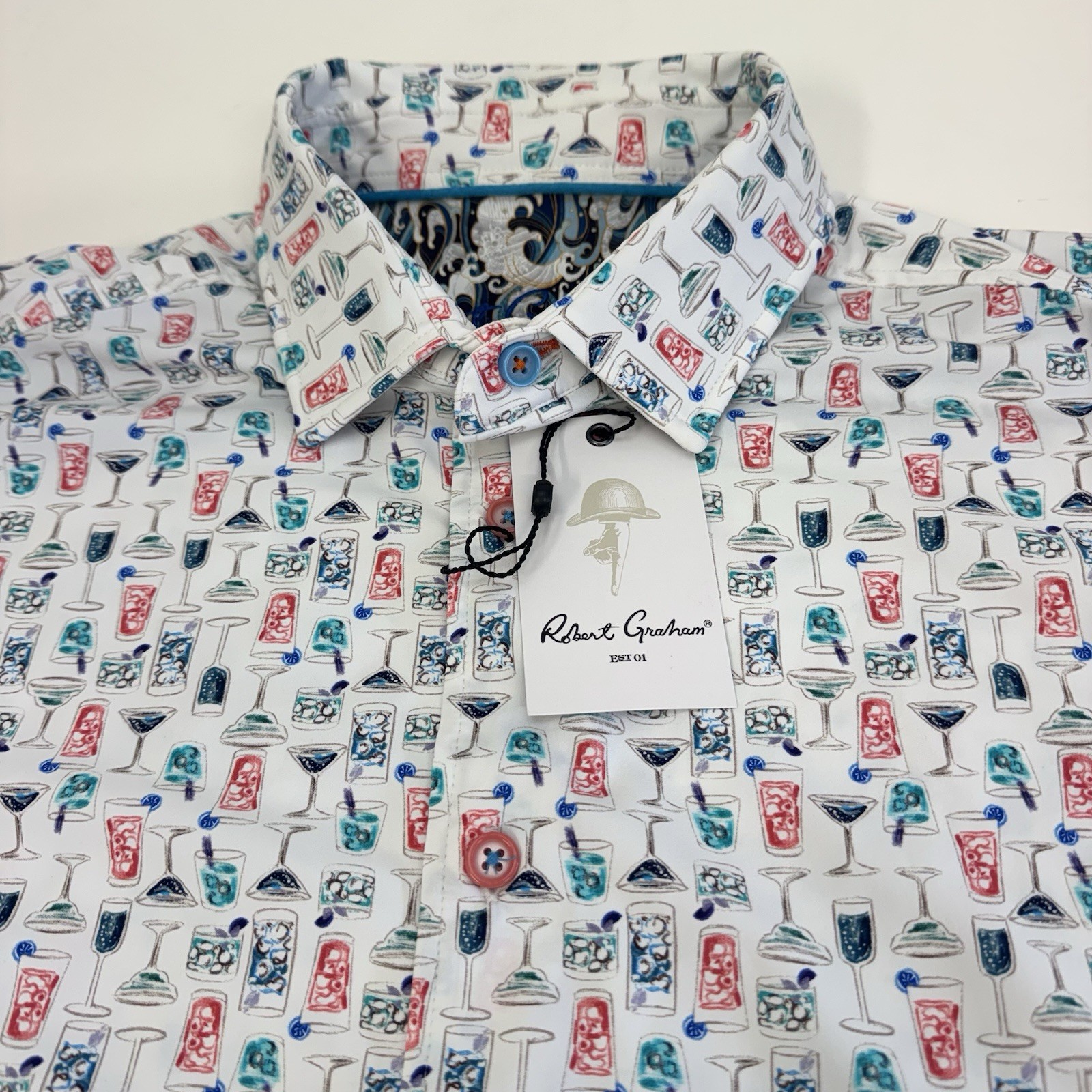 NWT Robert Graham MIX N MATCH Cocktail Martini Print Button Shirt White MED $178