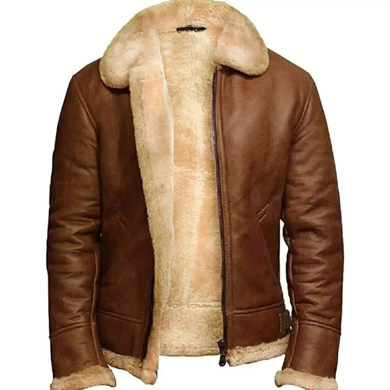 Men’s Brown Sheepskin Genuine Leather Fur Jacket RAF Shearling Aviator B3 Bomber