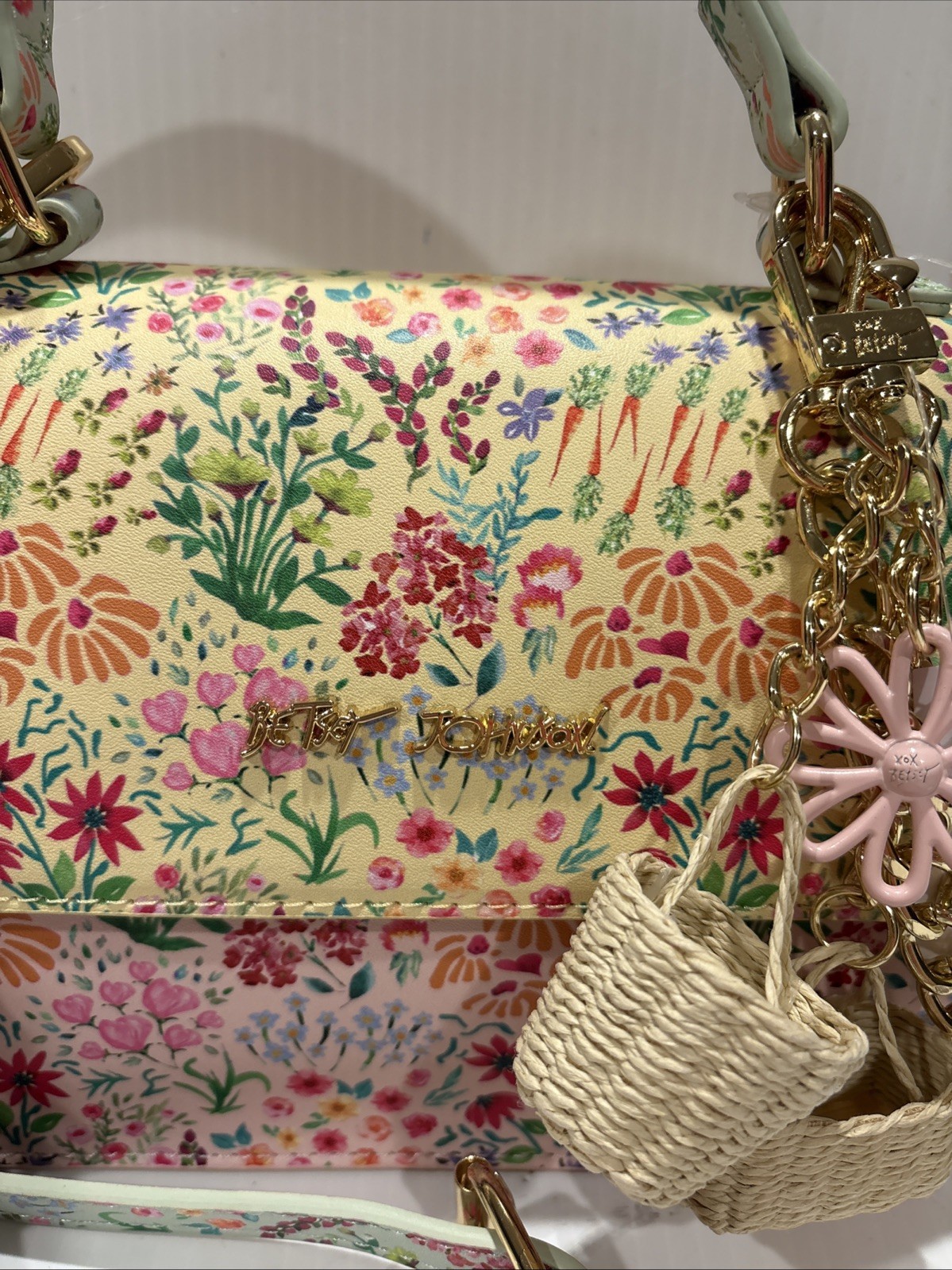 Betsey Johnson Spring Floral Yellow Bag Purse Crossbody Top Handle Basket charm