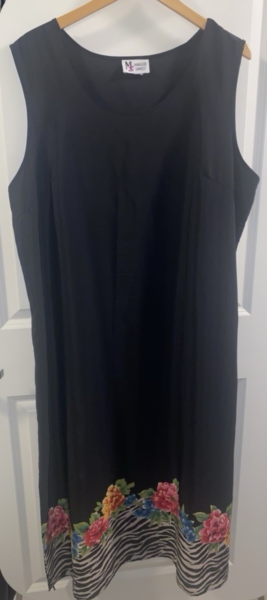 Vintage Maggie Sweet 2XL Black Midi Shift Dress Sleeveless Floral Zebra Slit 90’