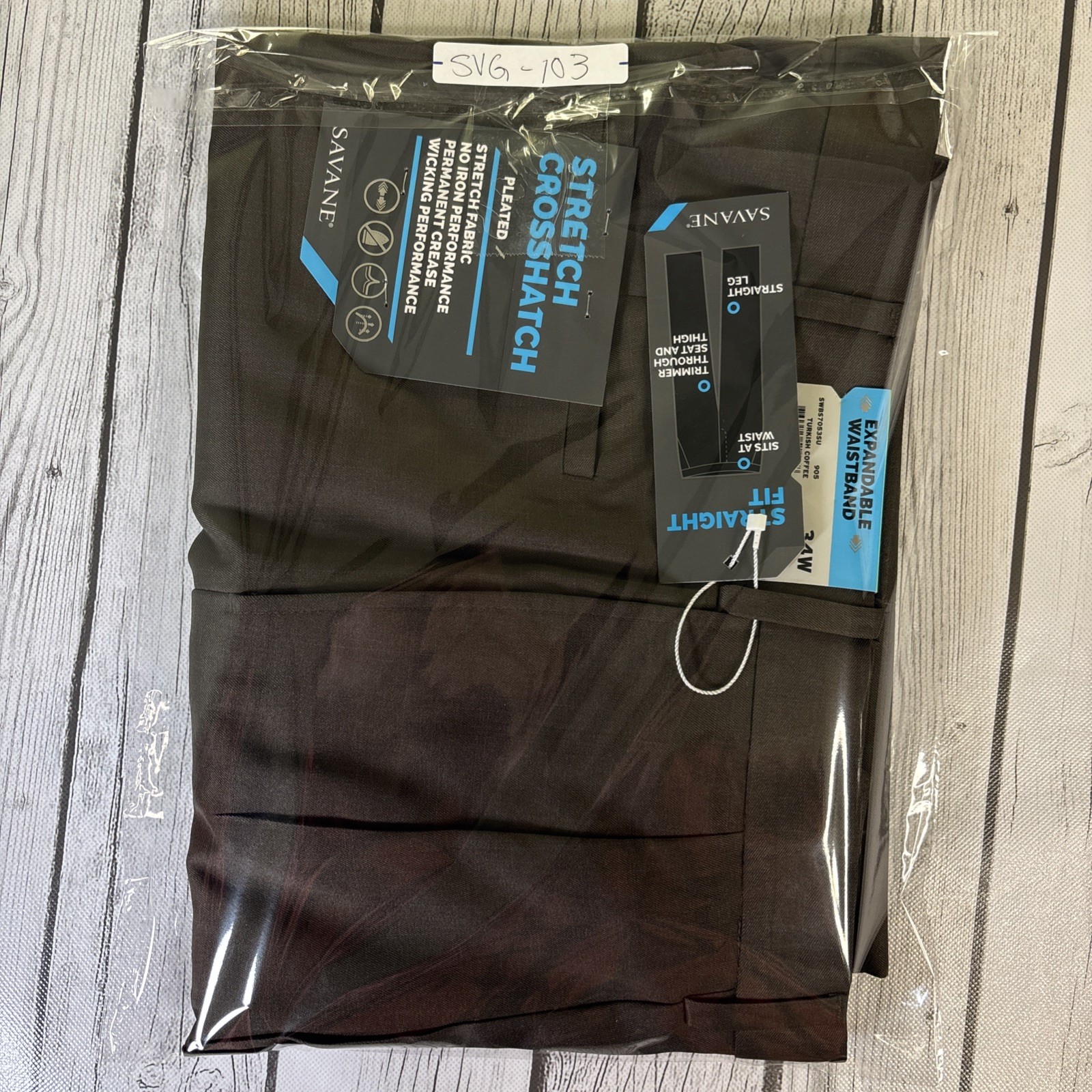 Savane Men’s 34×34 Stretch Crosshatch Pleated Cuffed Dress Pants Brown NWT.