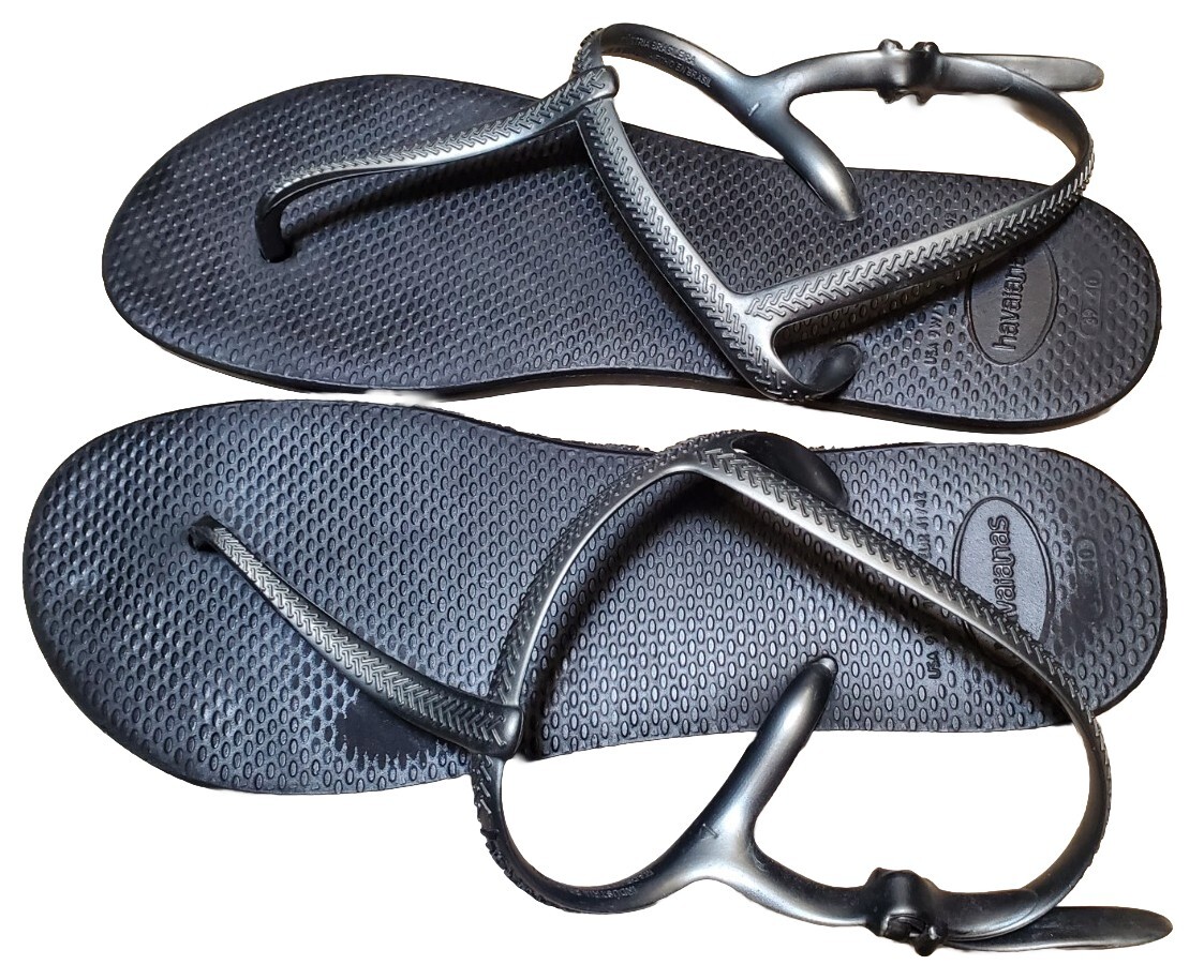Havaianas T-Strap Buckle Closure Rubber Flat Flip Flop Black, Silver Size 9W/10W