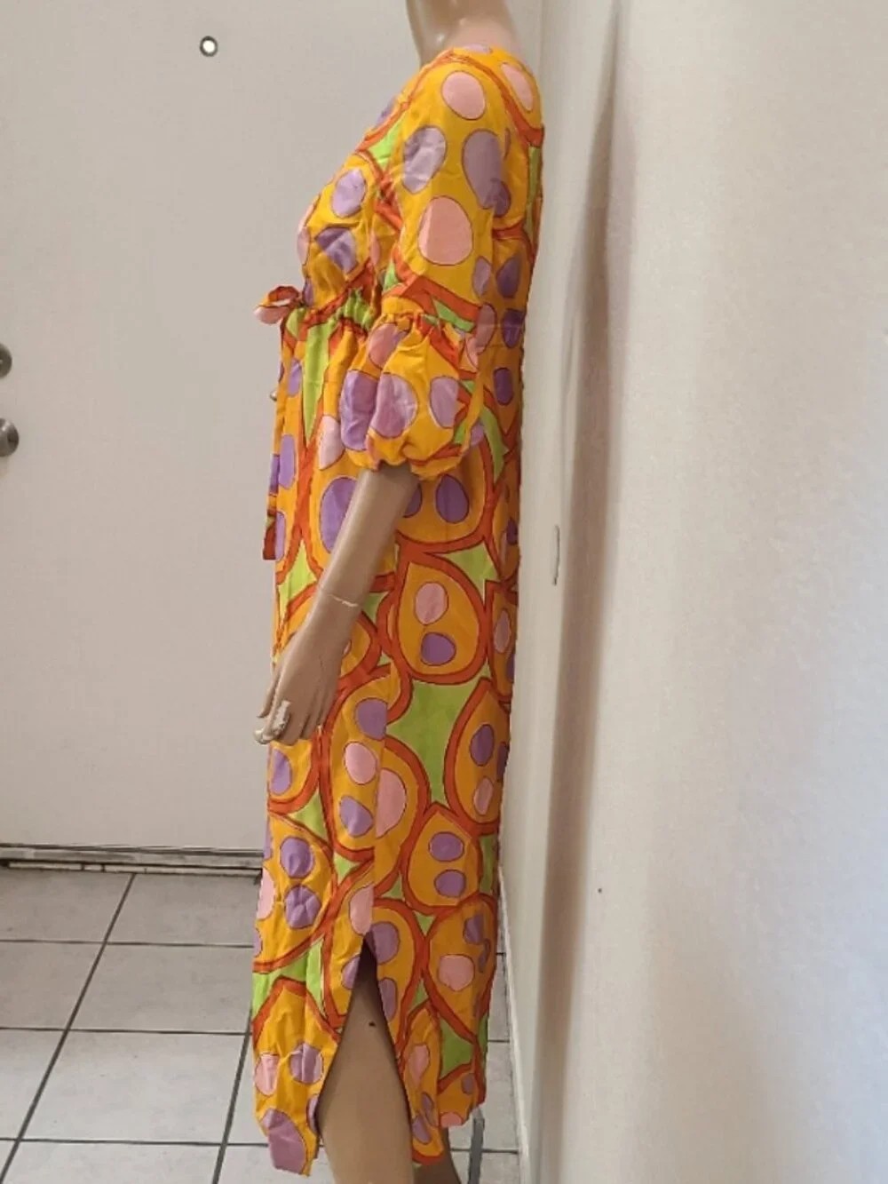 VINTAGE 1960s ALEX COLMAN BRIGHT PRINT CAFTAN HOUSE DRESS POLKA DOT GOWN sz S