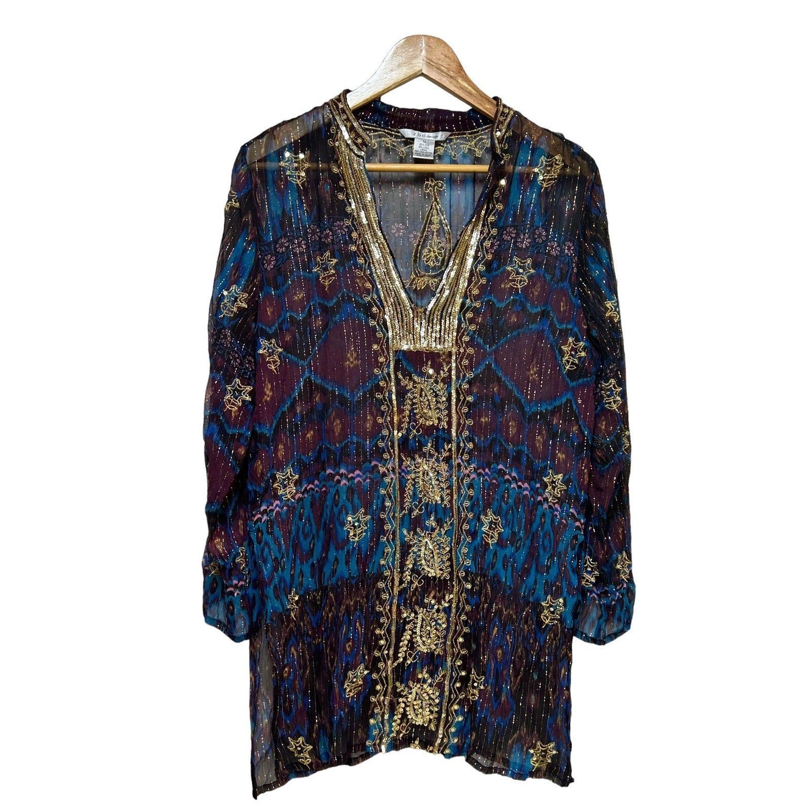 Z.B.D. Design Silk Lurex Tunic Top Beaded Boho Sheer Blue Purple Gold Size 12