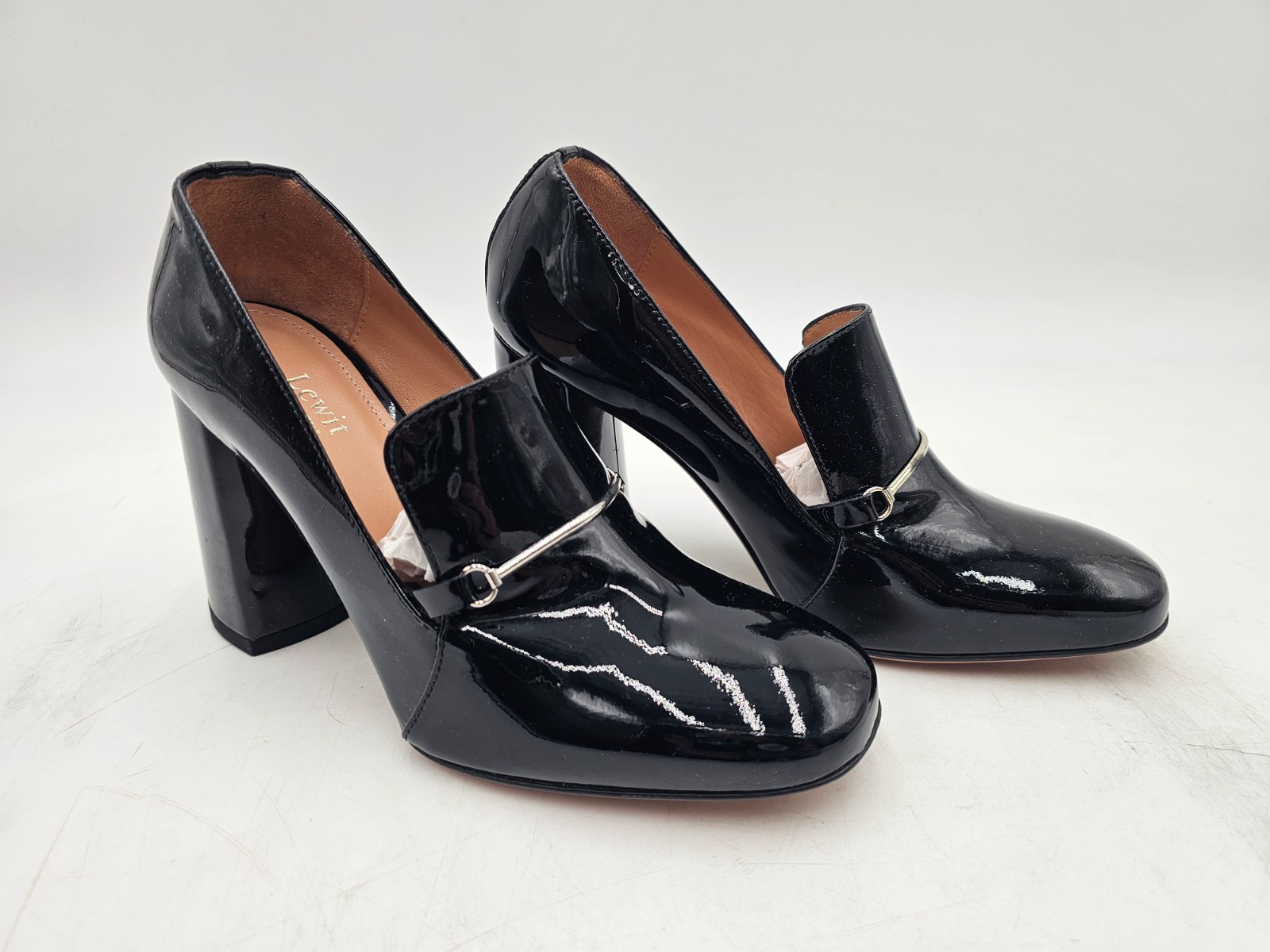LEWIT Amara Black Patent Leather Metal Bar Block Heel Pump Size 35 1/2