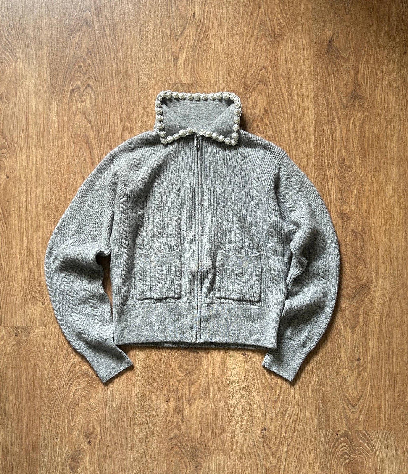 Sandro pearl-embelished cable-knit cardigan womens 2 size grey