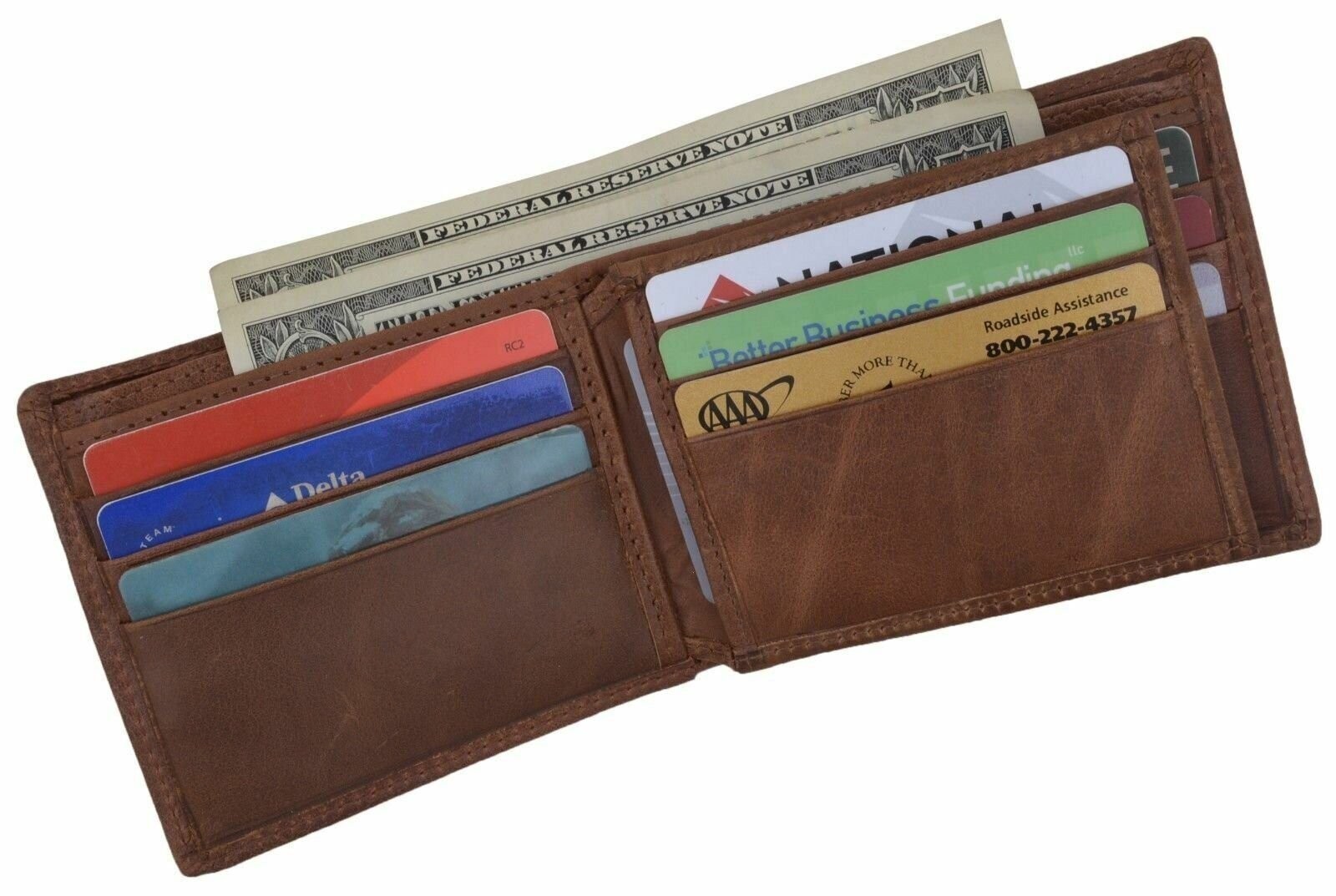 Premium Leather Mens Bifold Center Card ID Flap Tan Wallet Gift Box by Cavelio