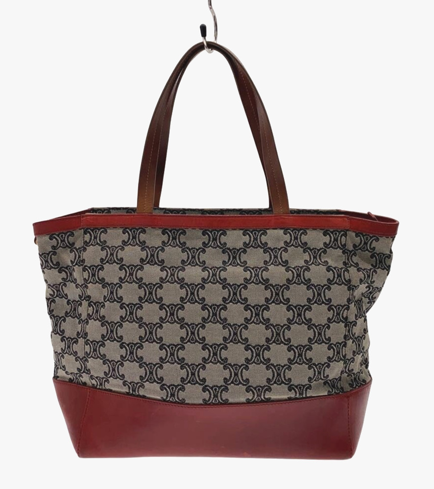 CELINE C Macadam Tote Bag Gray Burgundy Canvas Leather Italy Vintage S0006