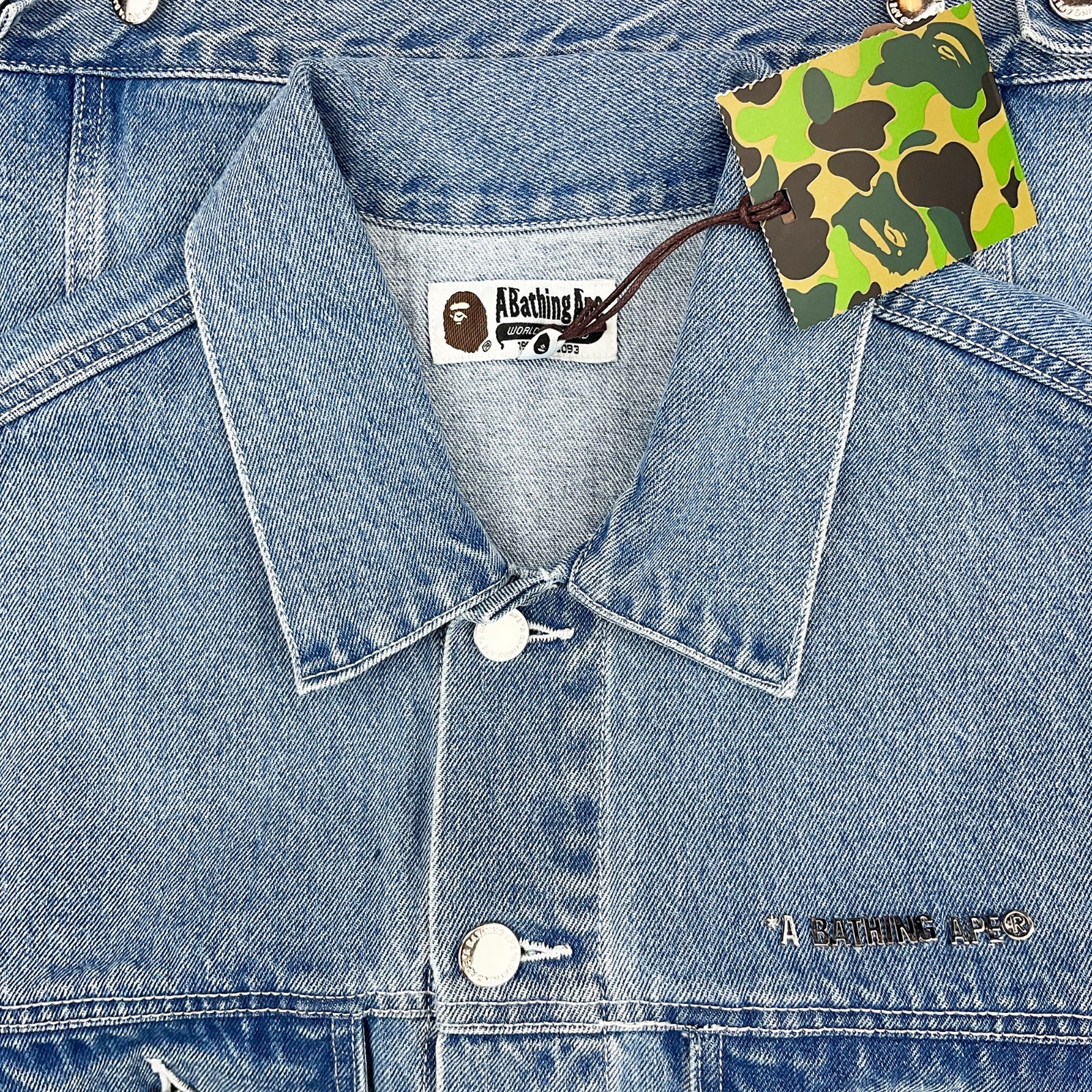 BAPE Metal Logo Pin Denim Jacket Light Indigo | A Bathing Ape