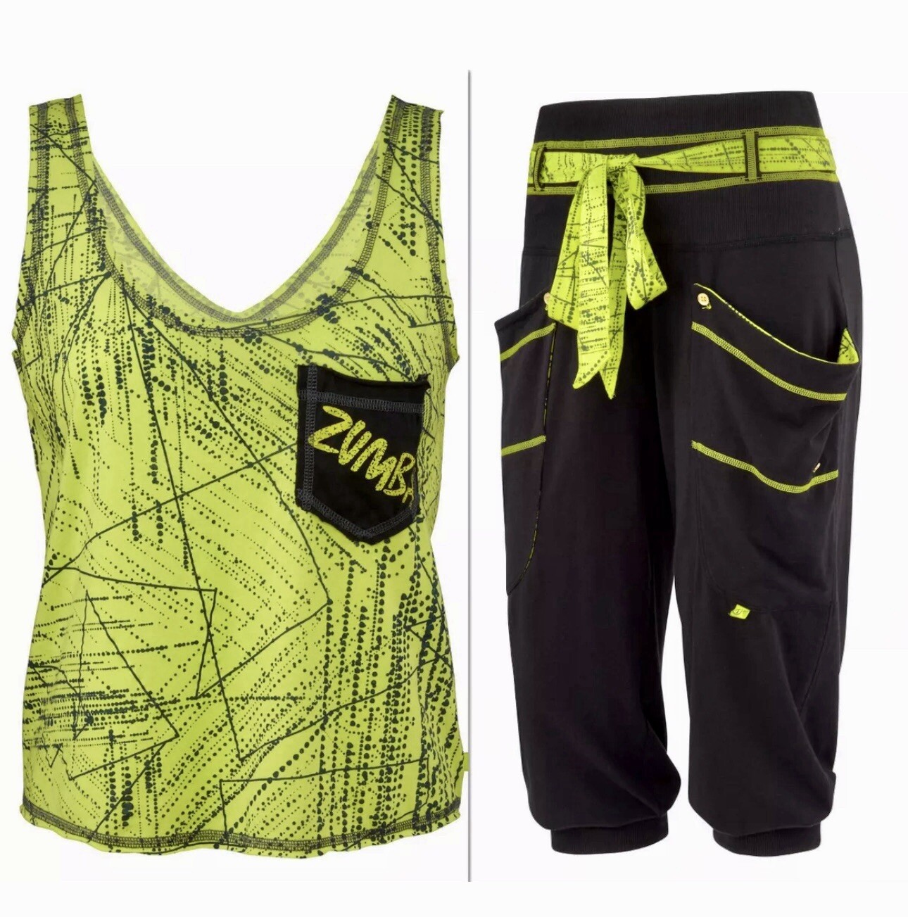 ZUMBA 2Pc.SET! Cargo Capri Dance Pants & Shirt Top Tank Do it for Fame RARE S M