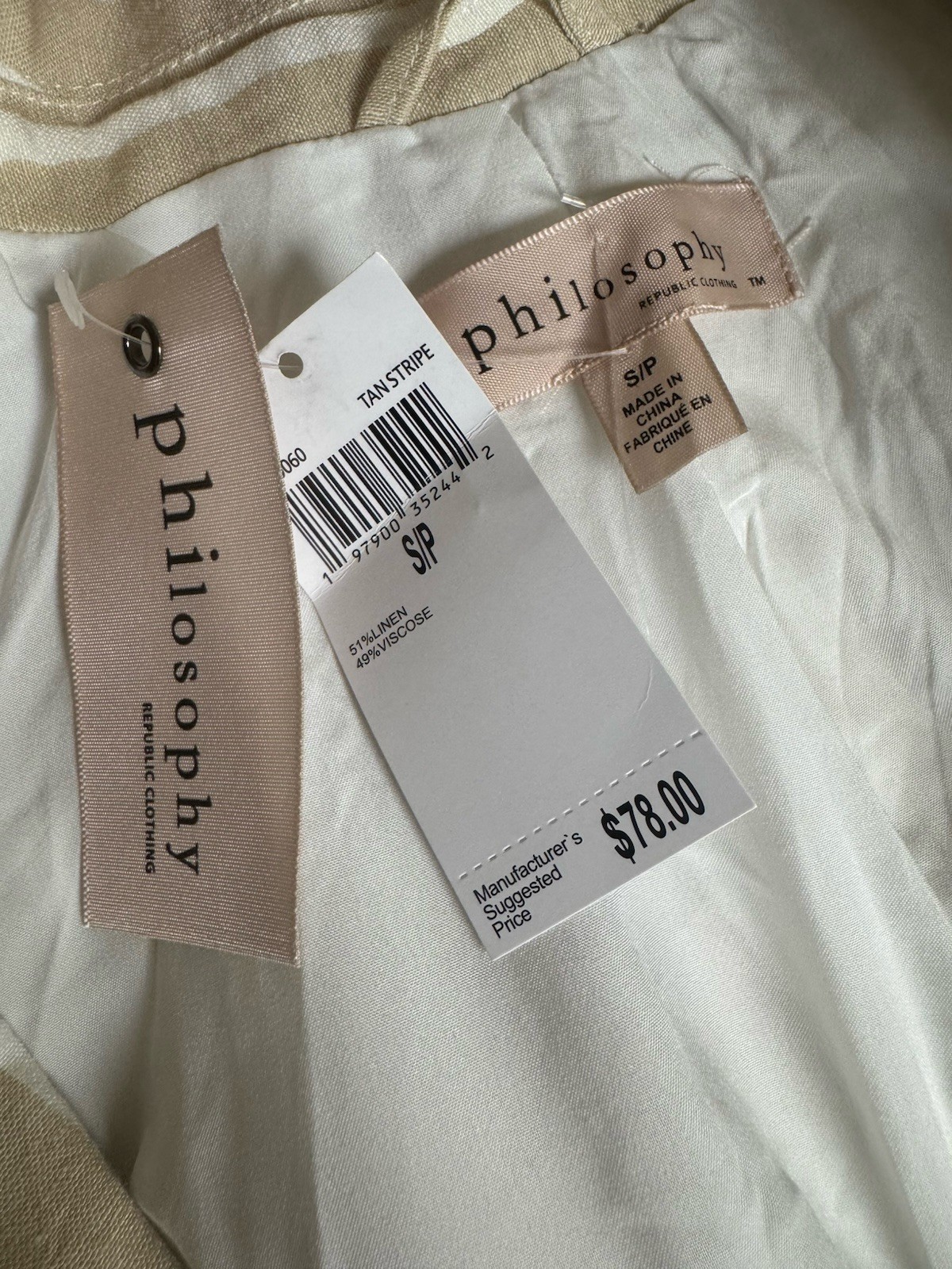 Philosophy Tan White Striped Linen Blend Blazer Jacket NWT Women’s Small
