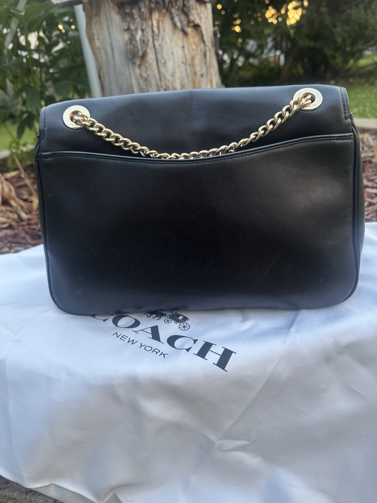 Cassidy Coach Black Studded Shoulder Turn Lock Chain Strap Gold HW