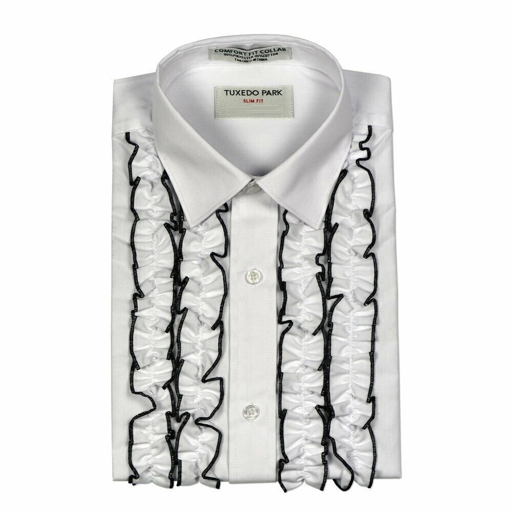 New Men’s White Black Ruffled Ruffles Tuxedo Shirt Spread collar Slim Fit Fitted