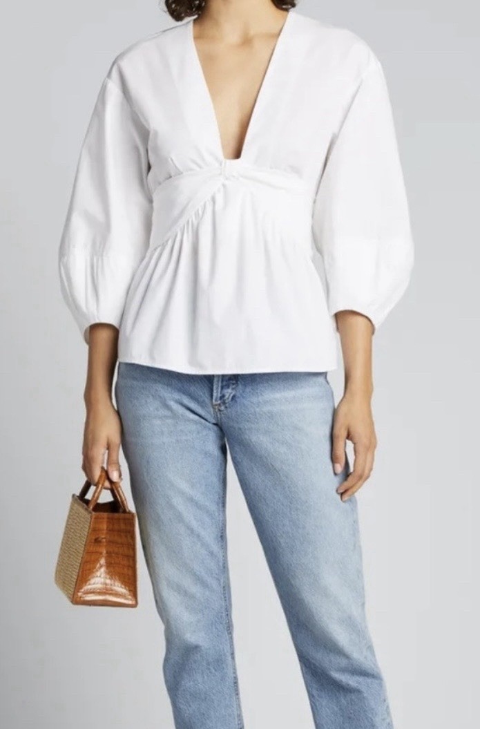 Derek Lam Collection White Cotton Poplin V-Neck Gathered Waist Tunic Top IT 46