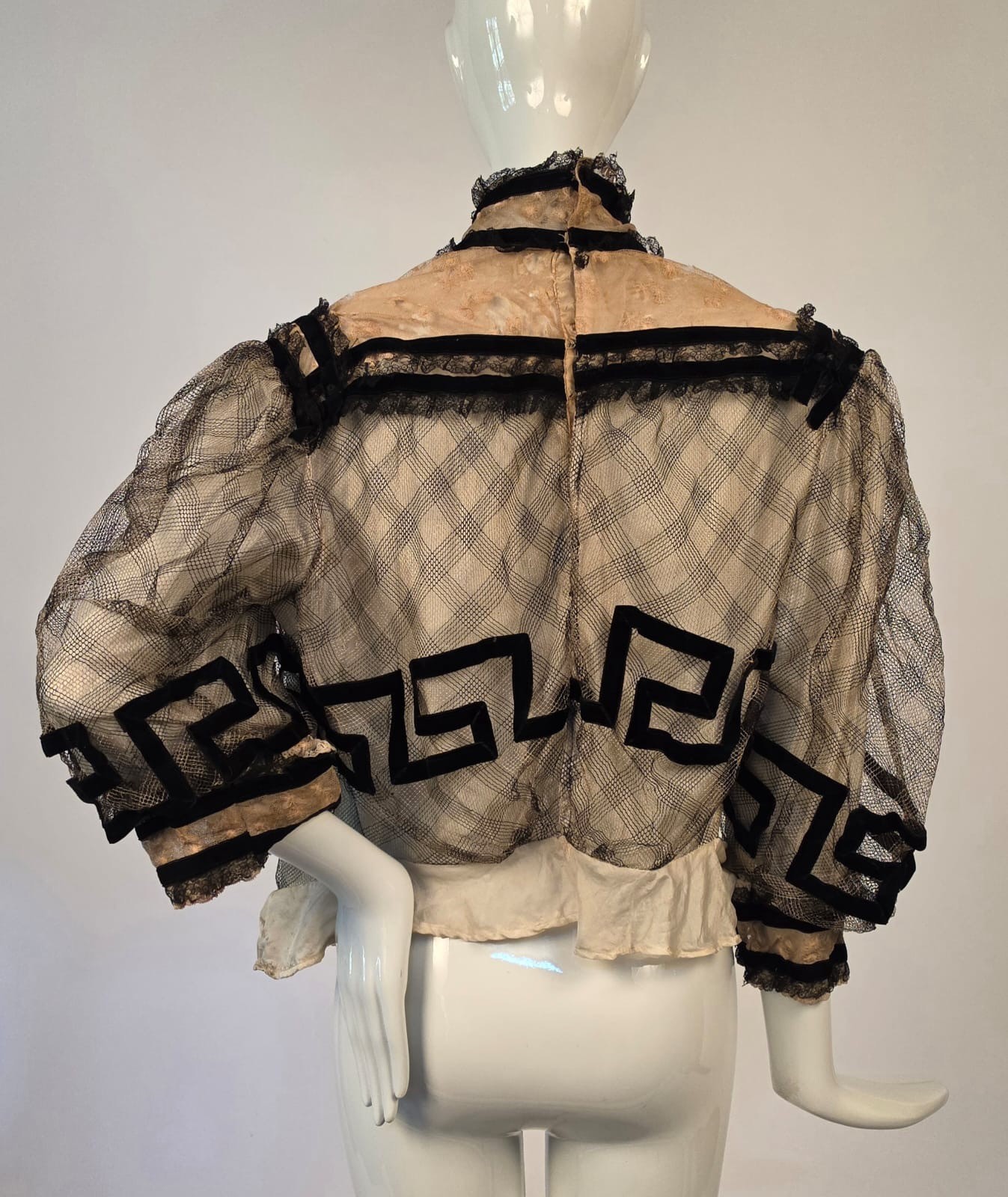 EDWARDIAN PLAID WOVEN NET BLOUSE W SILK VELVET DETAILS + HIGH BAND COLLAR