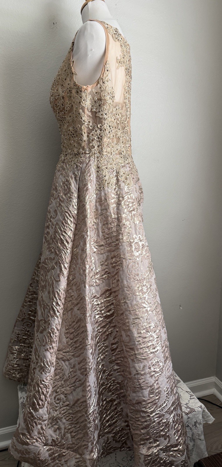 Cecilia Couture Champagne Gold Brocade Ball Gown Beaded Formal Dress 12