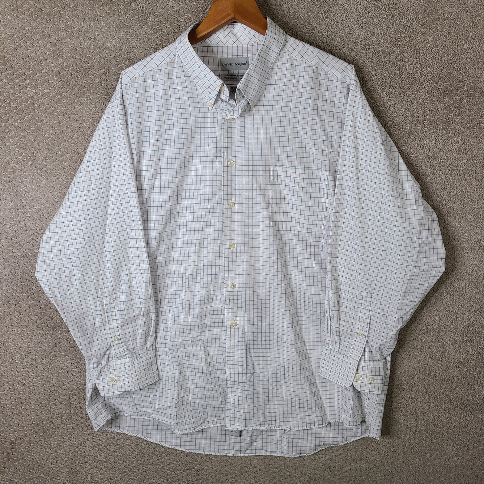 David Taylor Shirt Mens XXL White Blue Orange Plaid Button Down Long Sleeve