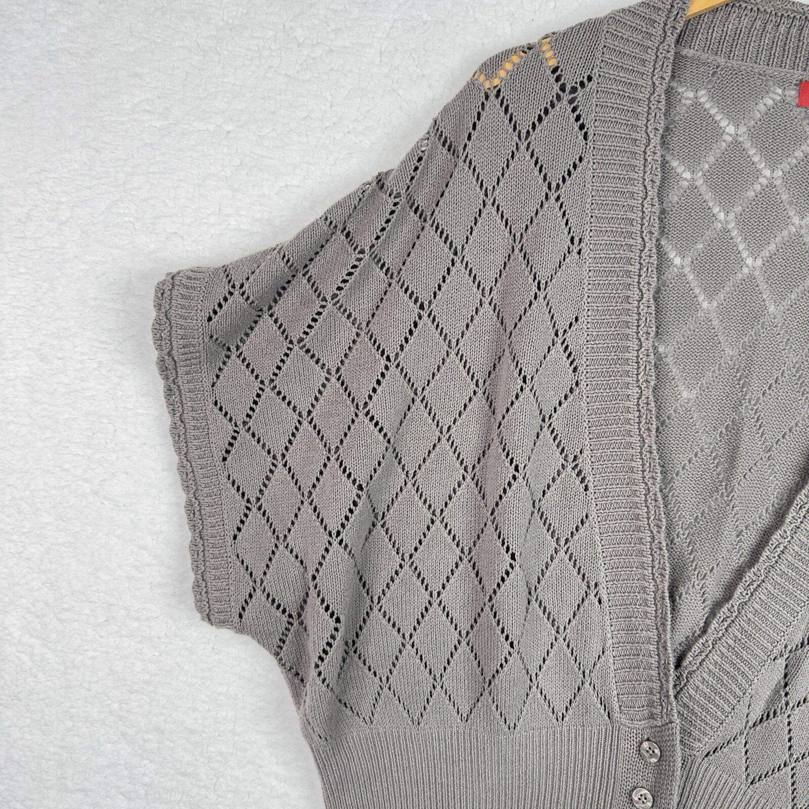ELLE Gray Open Knit Cardigan Argyle Dolman Oversized Boho Cozy Sweater XL