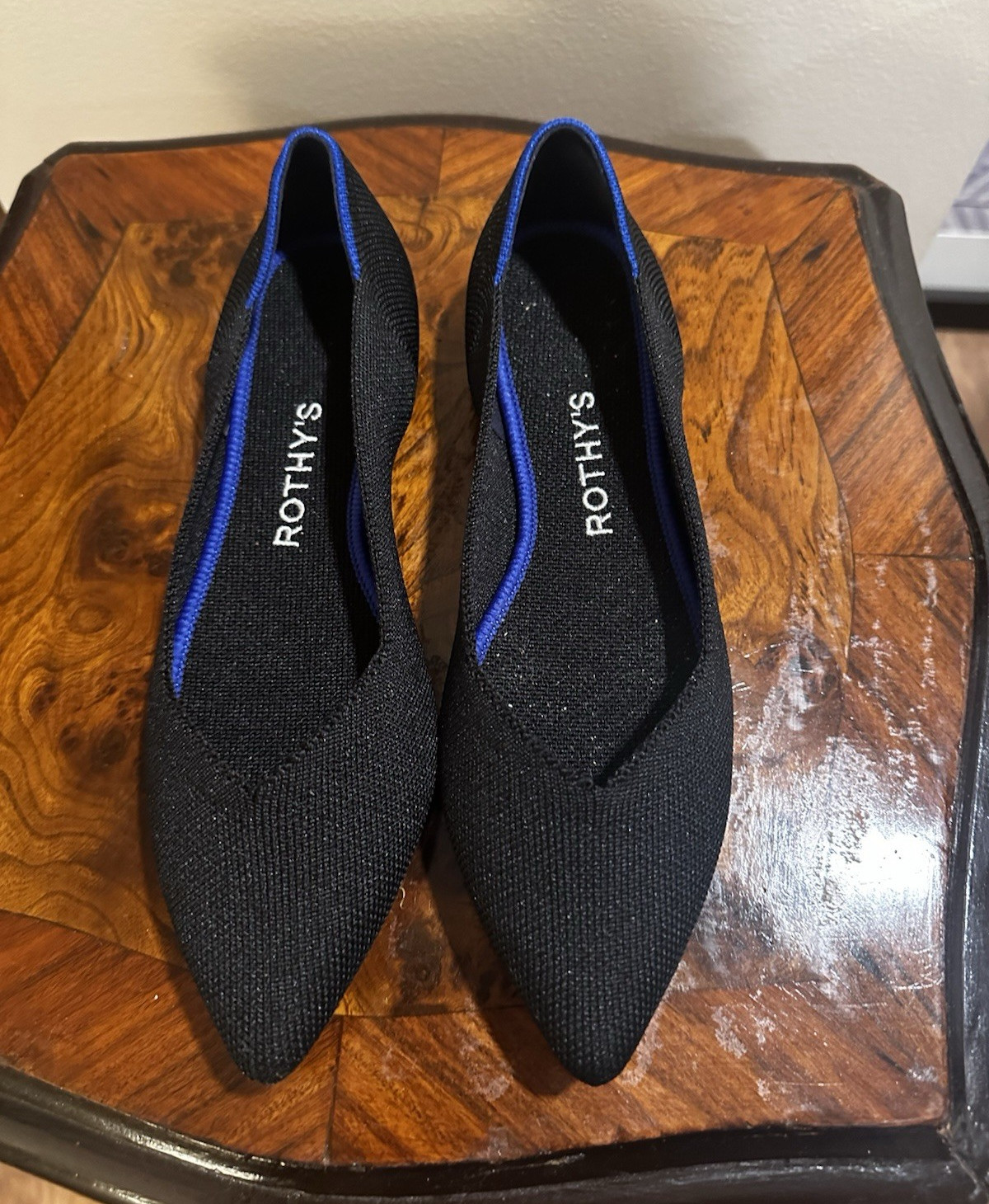Rothy’s Women’s Pointed Toe Knit Ballet Flats Slip-On Black/Blue 6