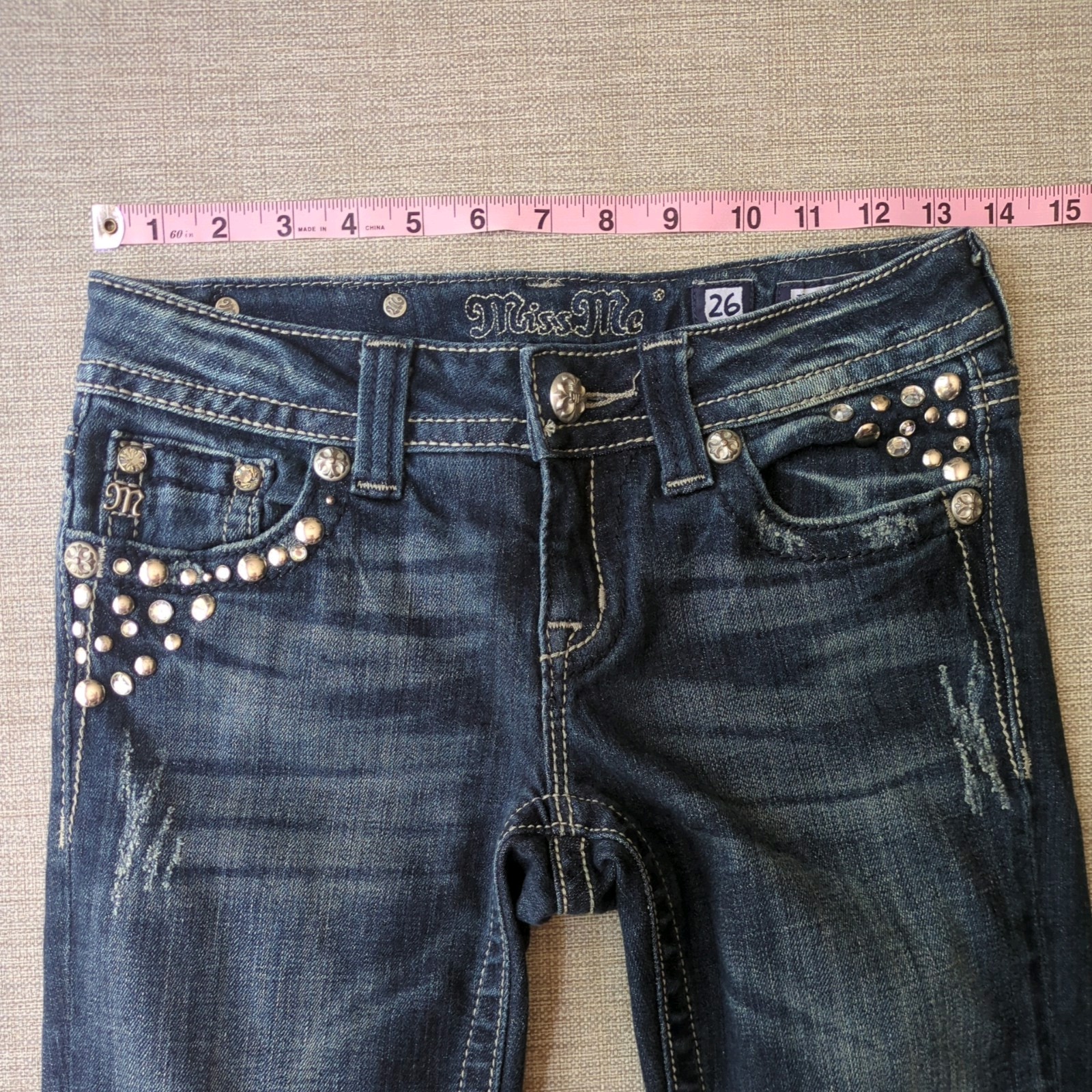 Miss Me Boot Cut Blue Jeans Women’s 26×29.5 Flap Wing Pockets JP514BR Low Rise