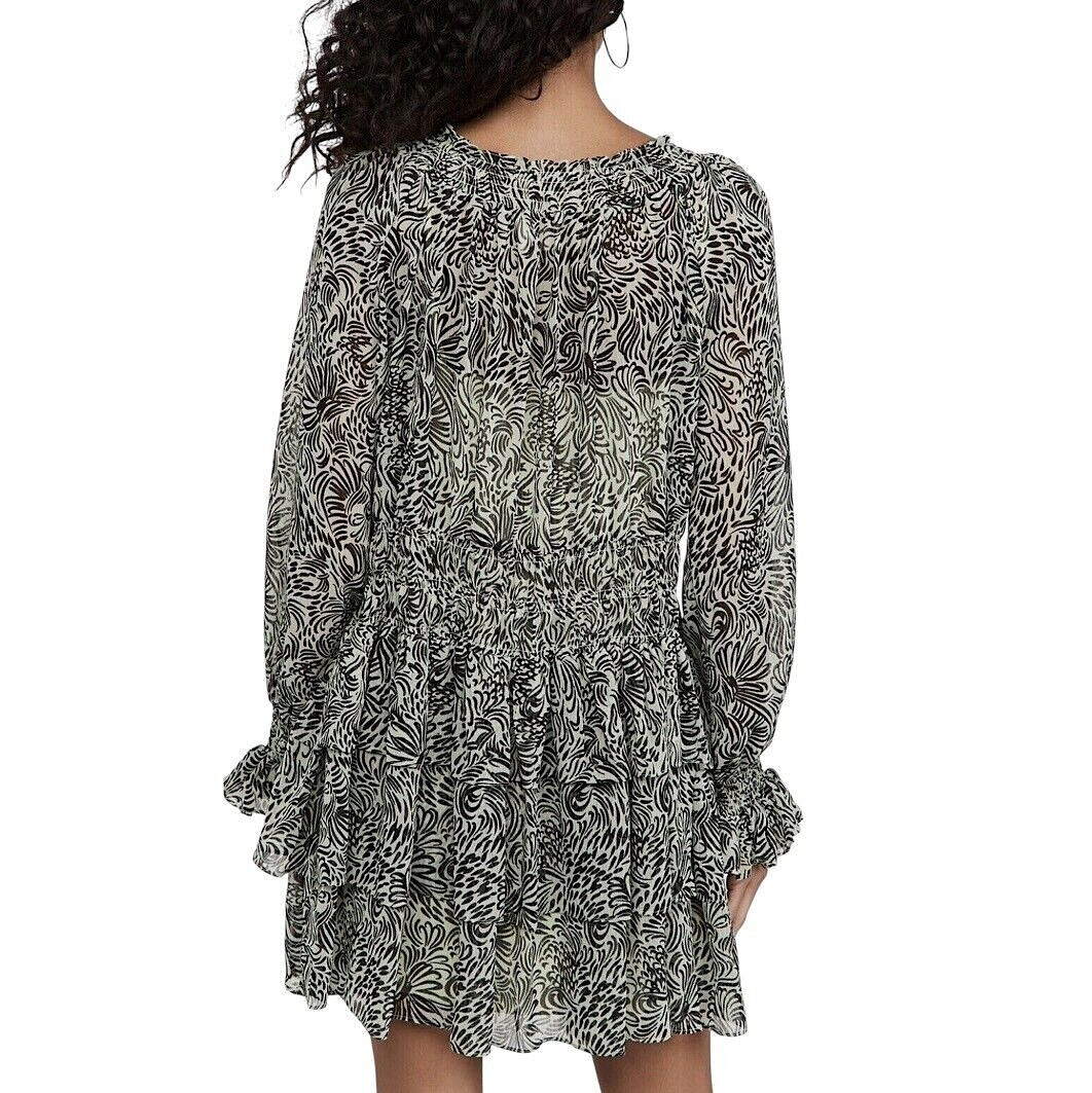CINQ A SEPT Janelle Smocked Tiered Ruffled Mini Dress Size 8 Swirl Print Green