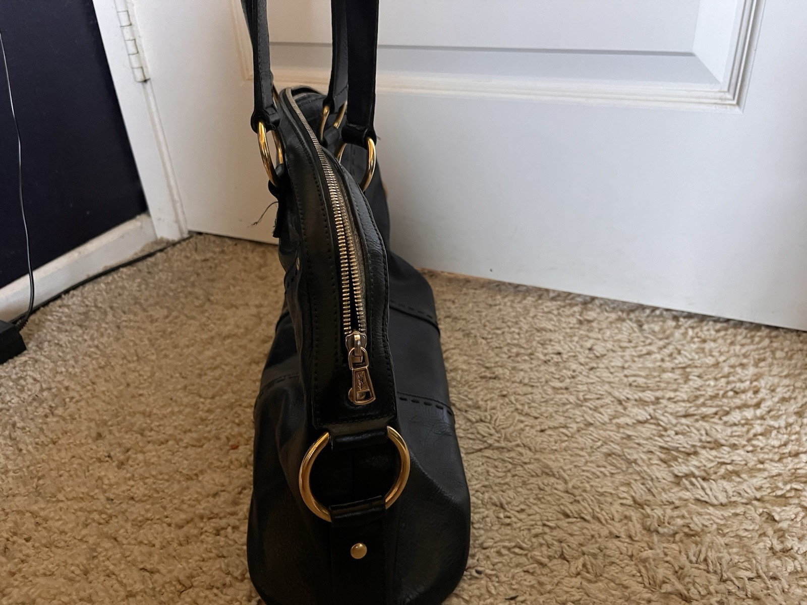 Saint Laurent Black Satchel Top Handle Bag Gold Hardware Zip Inner Pockets