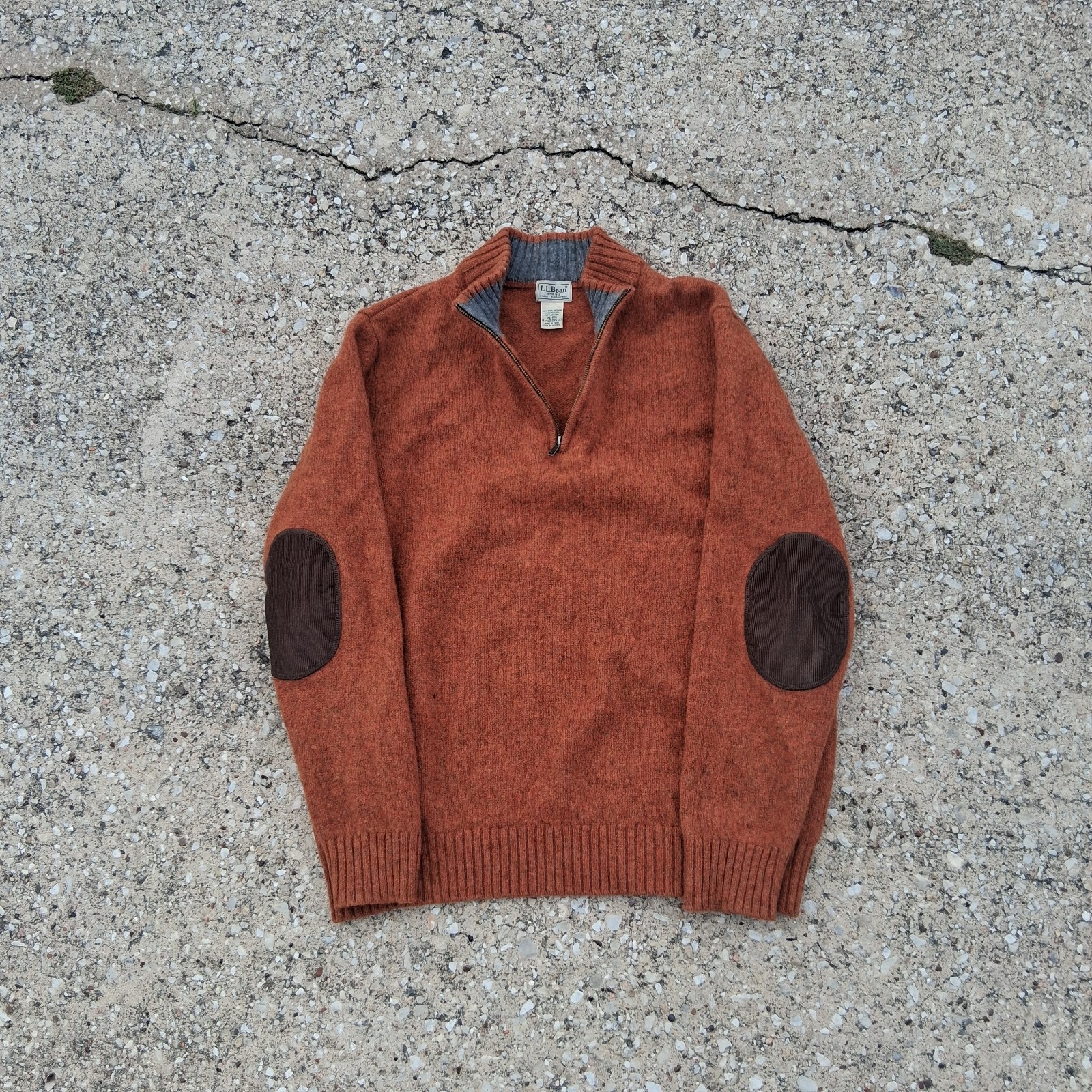 LL Bean XL 100% Shetland Wool 1/4 Zip Sweater Green w/ Elbow Patches