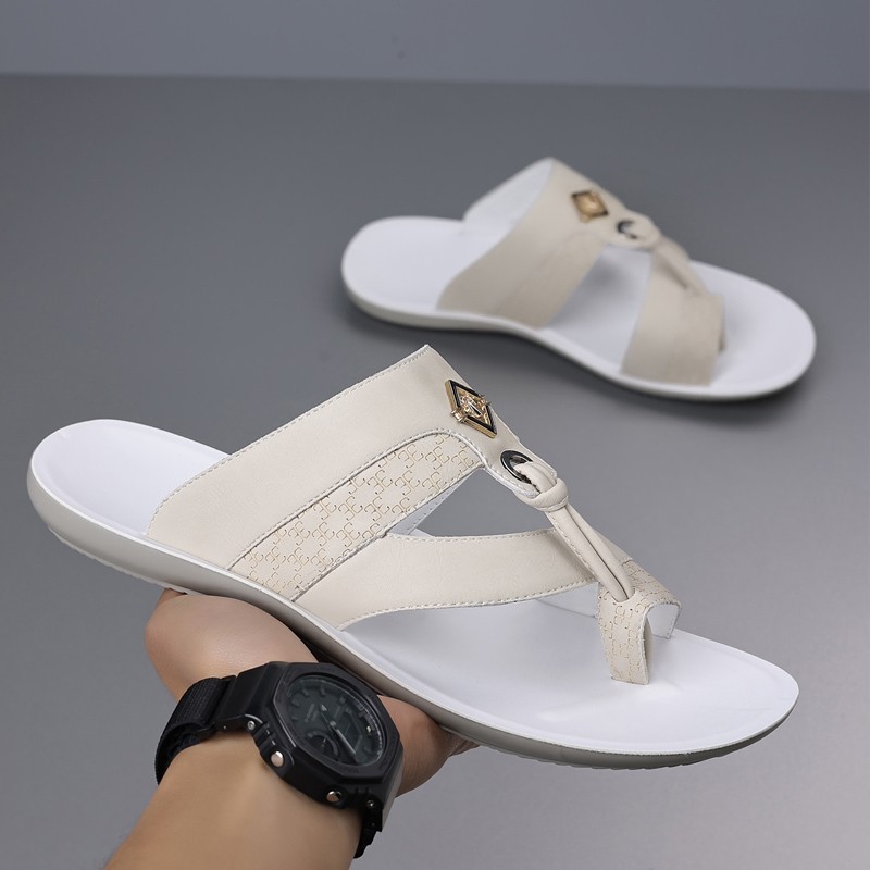 Men’s Metal Decor Thong Slide Sandals, Embossed PU Leather, Comfort Rubber Sole
