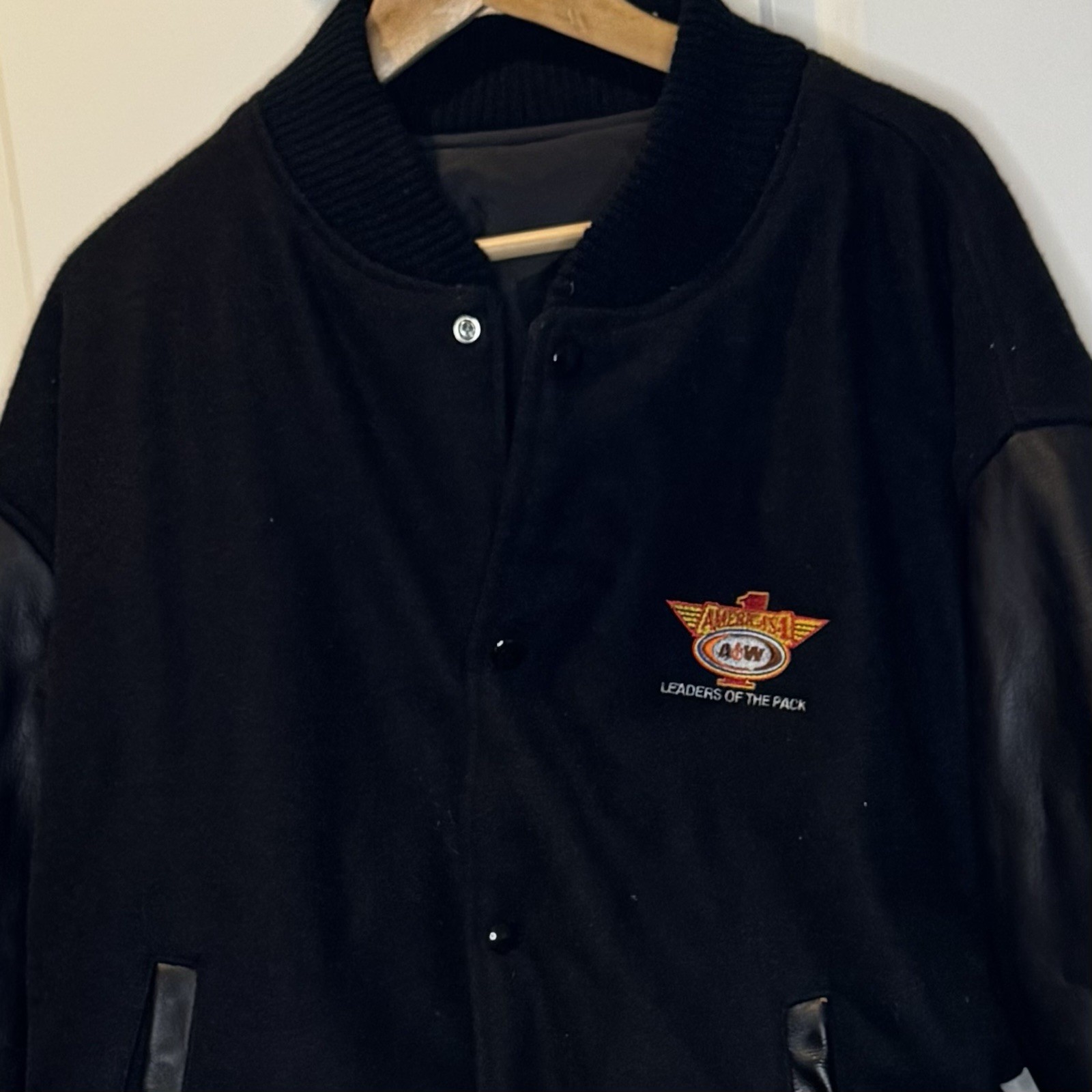 VTG A&W Root Beer Leader of the Pack Varsity Jacket Wool Leather Black XL