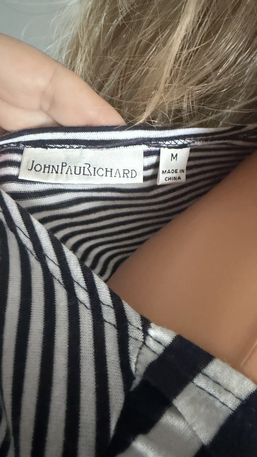 JohnPaulRichard Women’s Black/White Striped V-Neck 3/4 Sleeve Ruffle Blouse M