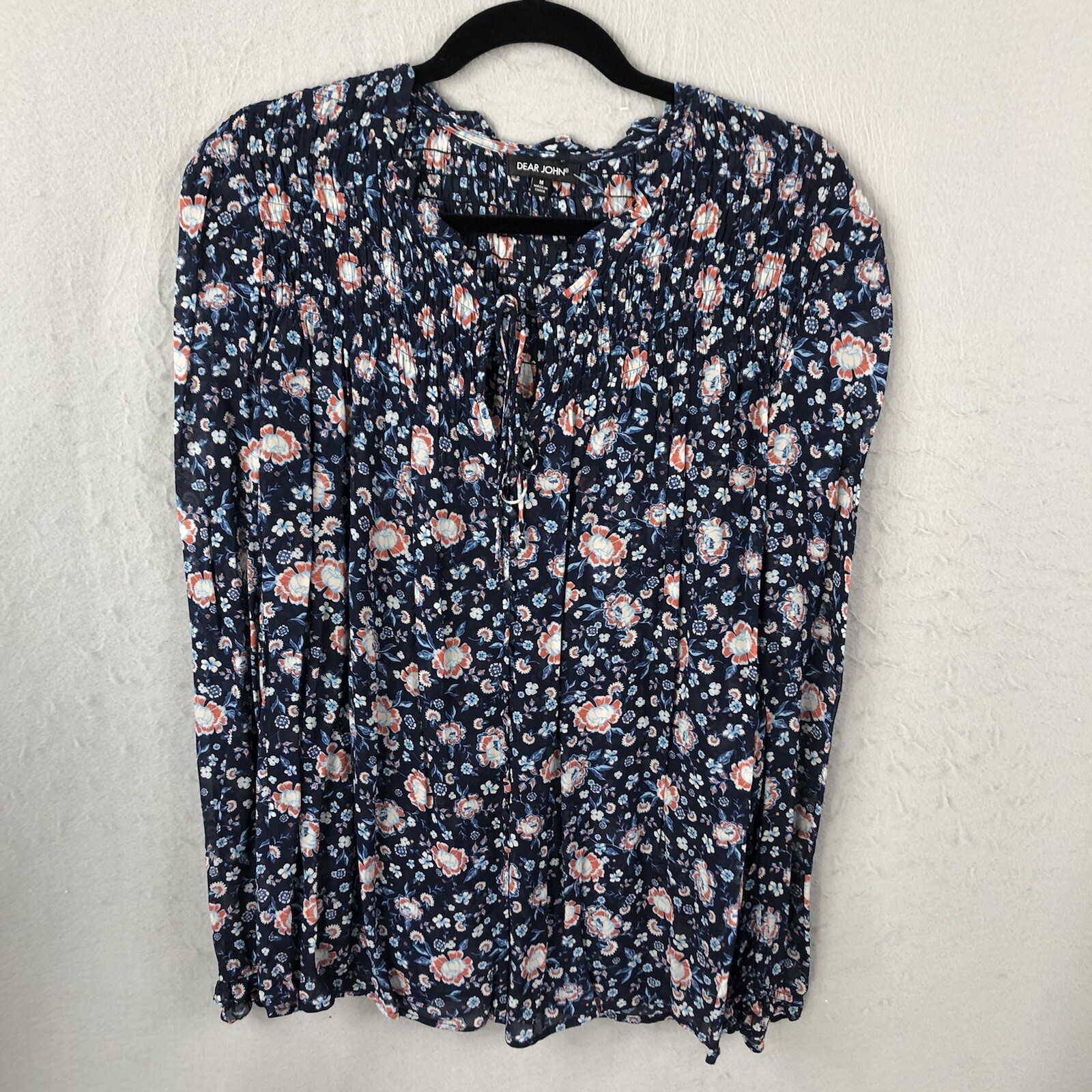 Dear John Top Womens Medium Blue Floral Sheer Smocked Flowy Boho Peasant Cottage