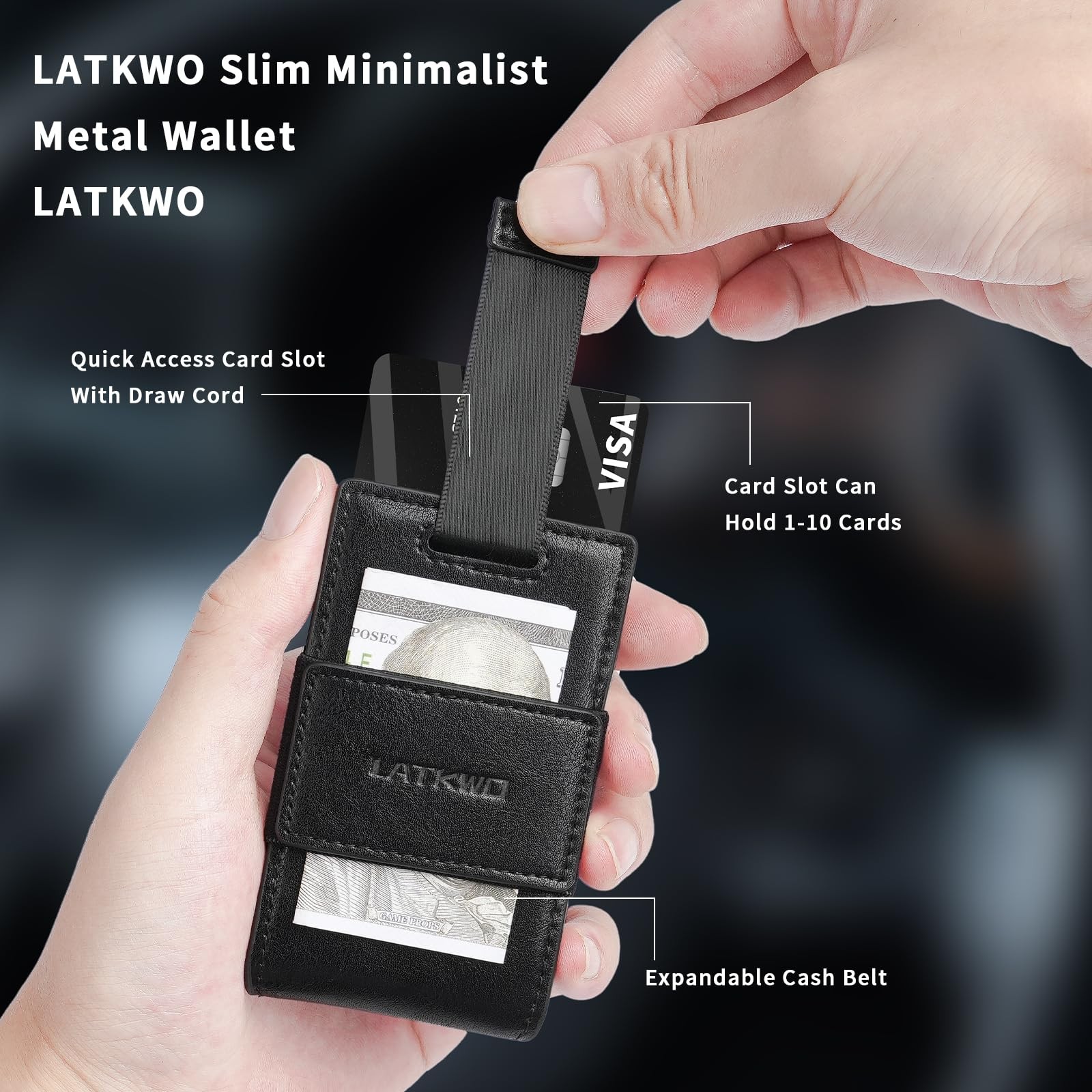 LATKWO Wallet for Men Slim Pull Tab Metal 3.74 x 2.36 x 0.39 inches, Black