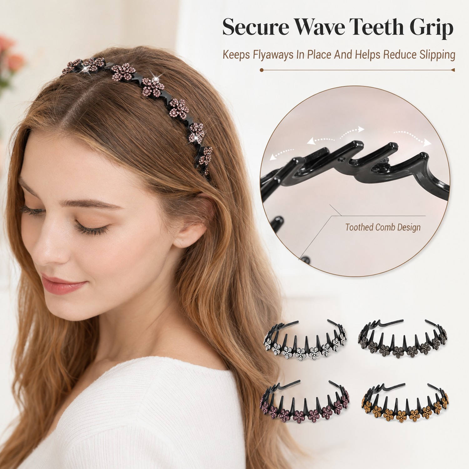 4PCS Glitter Rhinestone Butterfly Flowers Crystal Wavy Teeth Headband for Women