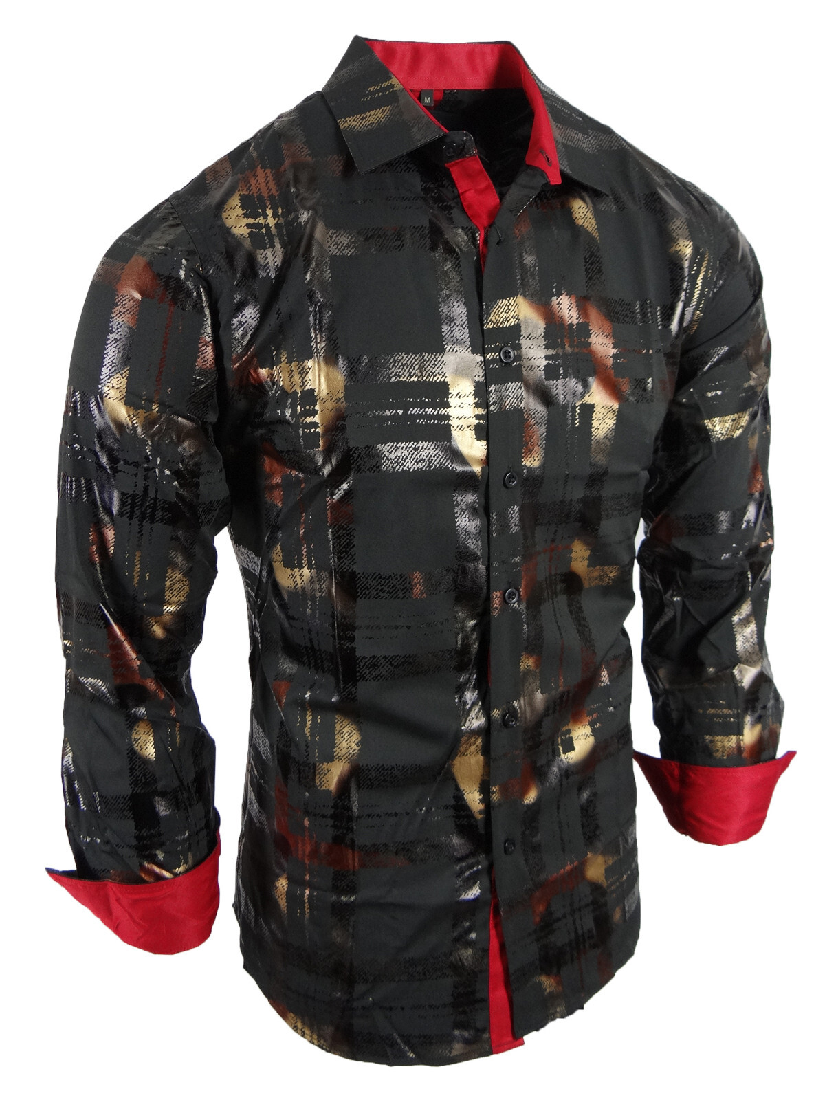 Mens Shirt Designer Plaid Print Bronze Leaf Foil Overlay Stretch Slim Fit Button