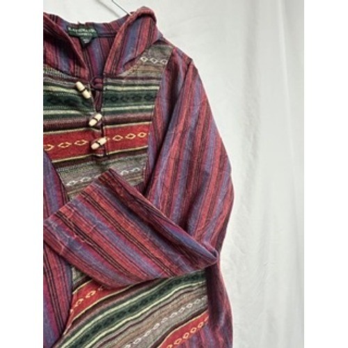 Kathmandu Imports Large Striped Baja Hoodie Woven Cotton Toggle Pullover