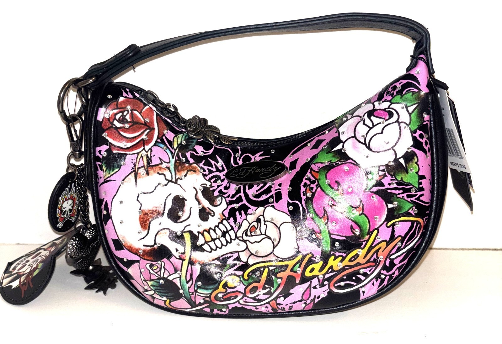 NWT Ed Hardy Skull Rose Crescent Shoulder Bag Y2K Tattoo Purse Rare