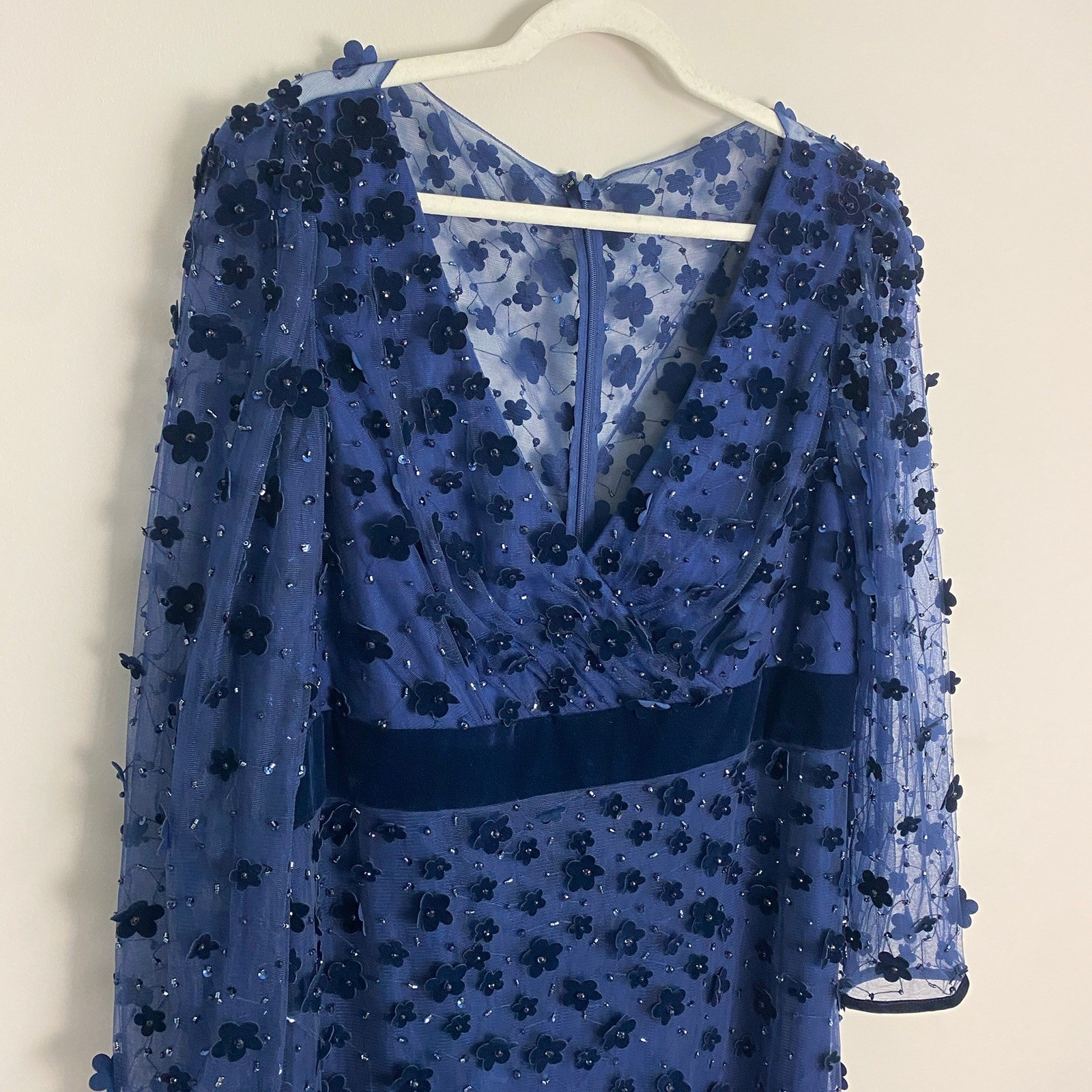 Mac Duggal 3D Floral Beaded Cocktail Dress Womens 18 Navy Blue Velvet Sheer