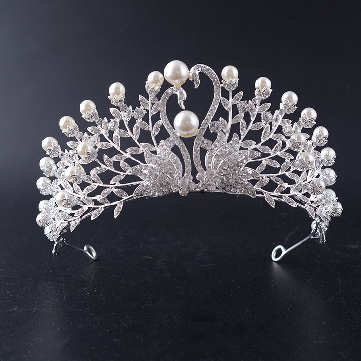 6cm Tall Large Swan Pearl Crystal Wedding Bridal Queen Princess Prom Tiara Crown