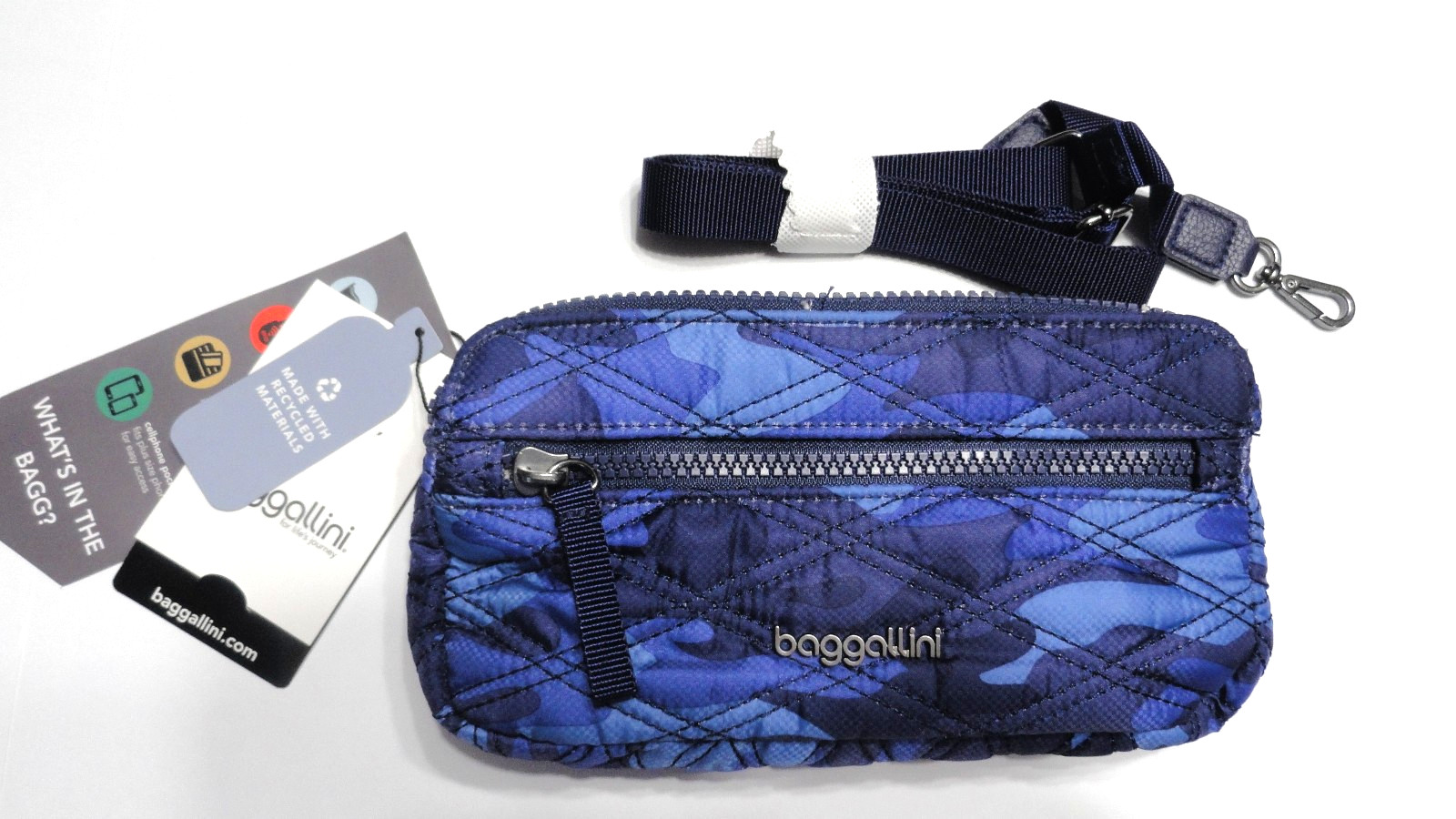 Baggallini Quilted Shades of Blue Camo Zip NWT Mini Crossbody 8 1/2 x 4″