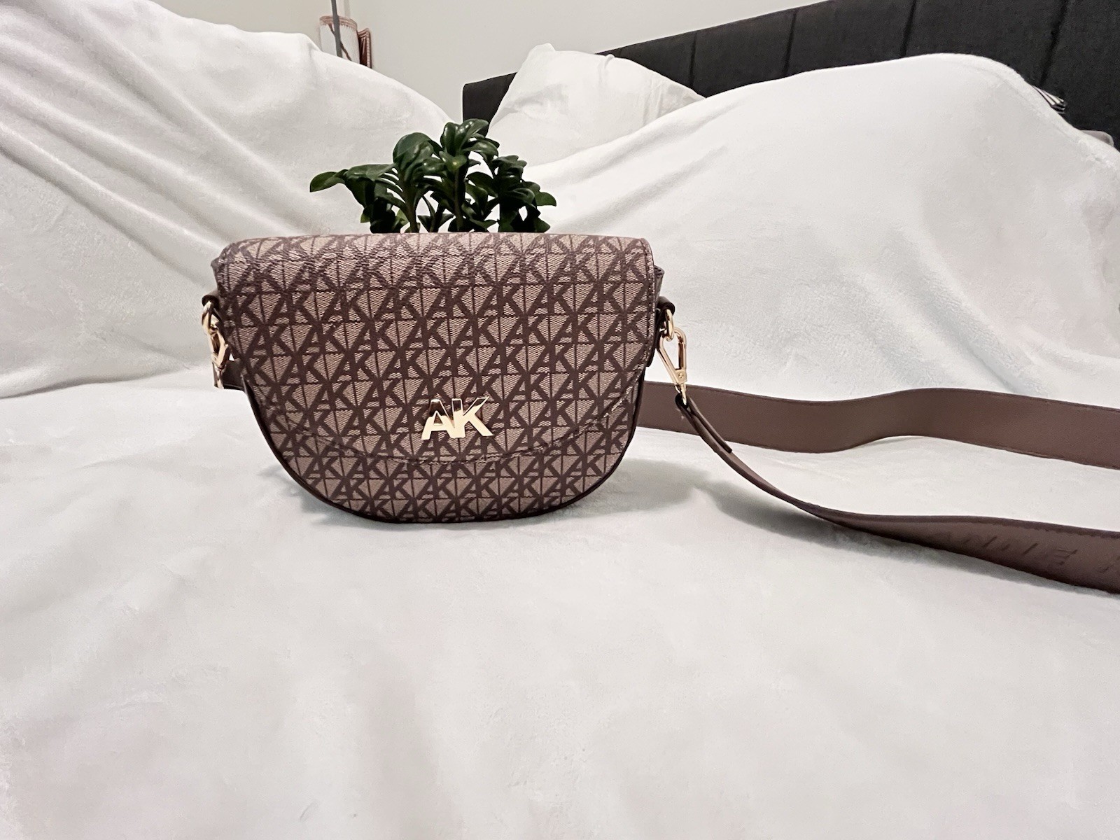 Anne Klein Brown Logo Print Crescent Crossbody Bag Zip Closure Gold Hardware